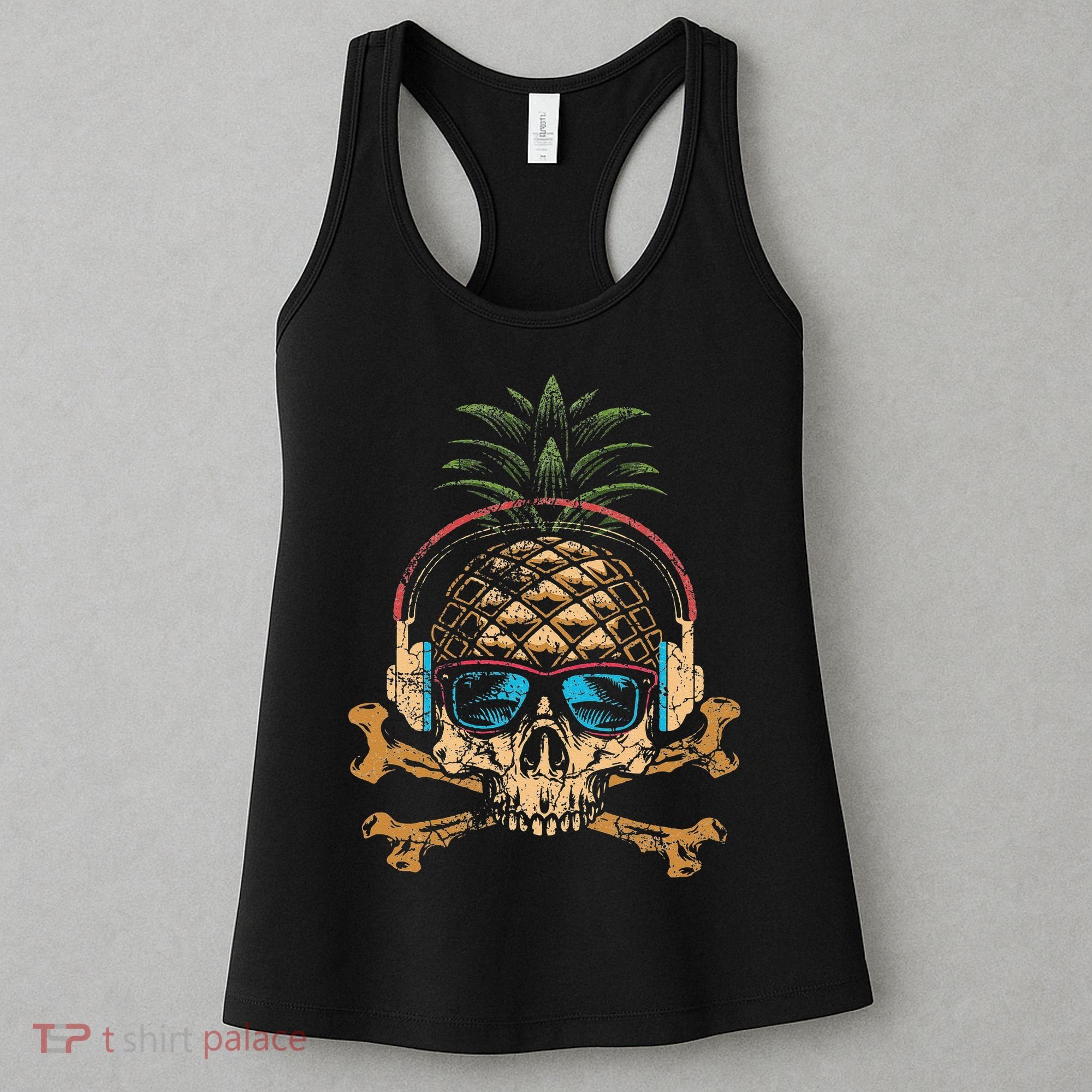 Pineapple DJ Skull Summer Vibes Gamer Hawaiian Sunglasses Women's Tank Top