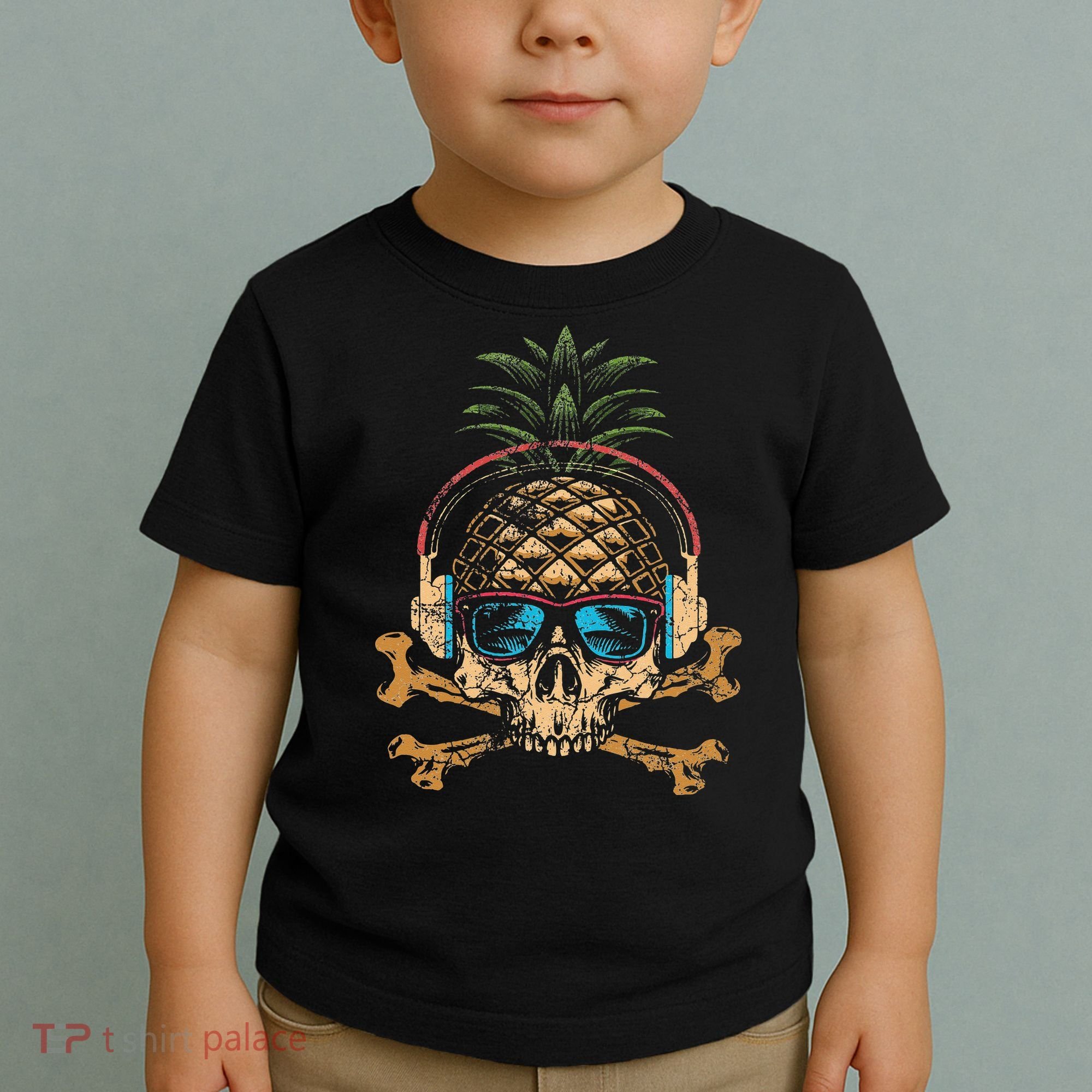 Pineapple DJ Skull Summer Vibes Gamer Hawaiian Sunglasses Toddler T-Shirt