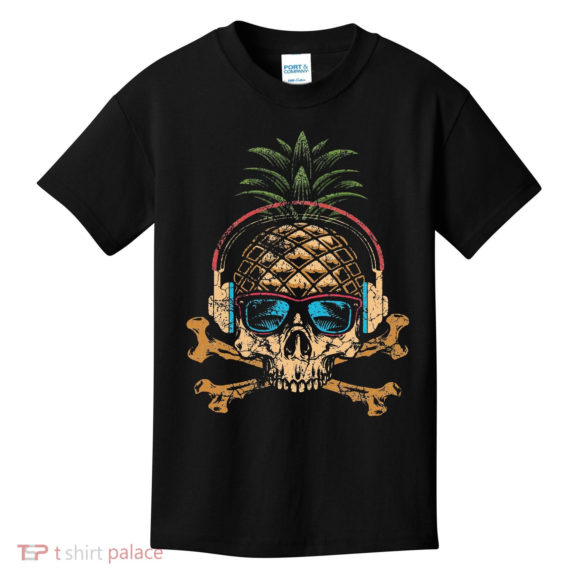 Pineapple DJ Skull Summer Vibes Gamer Hawaiian Sunglasses Kids T-Shirt
