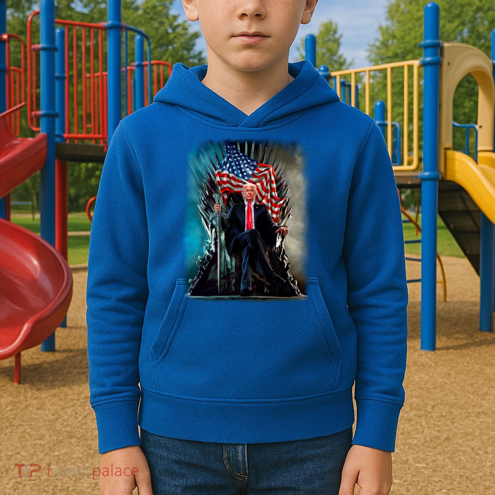 President Donald Trump Sitting On United States Throne Meaningful Gift Kids Hoodie