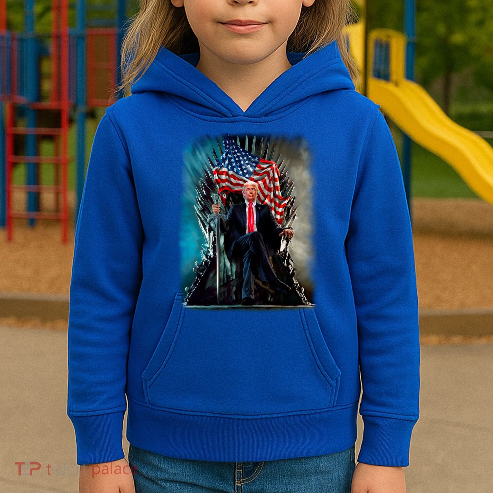 President Donald Trump Sitting On United States Throne Meaningful Gift Kids Hoodie