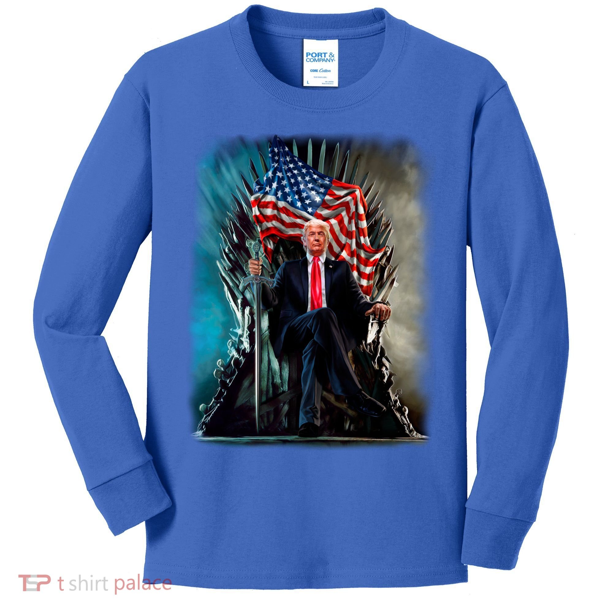 President Donald Trump Sitting On United States Throne Meaningful Gift Kids Long Sleeve Shirt