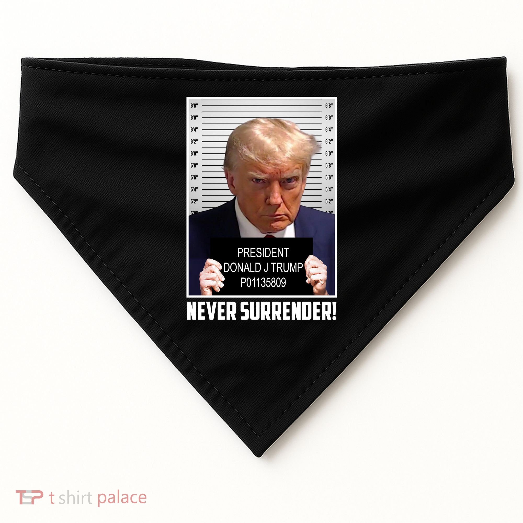 President Donald Trump Mugshot Never Surrender USA-Made Doggie Bandana