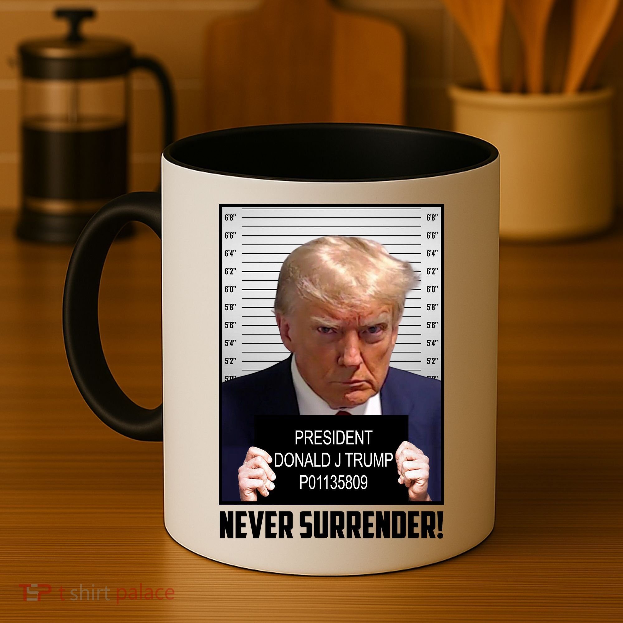 President Donald Trump Mugshot Never Surrender Coffee Mug