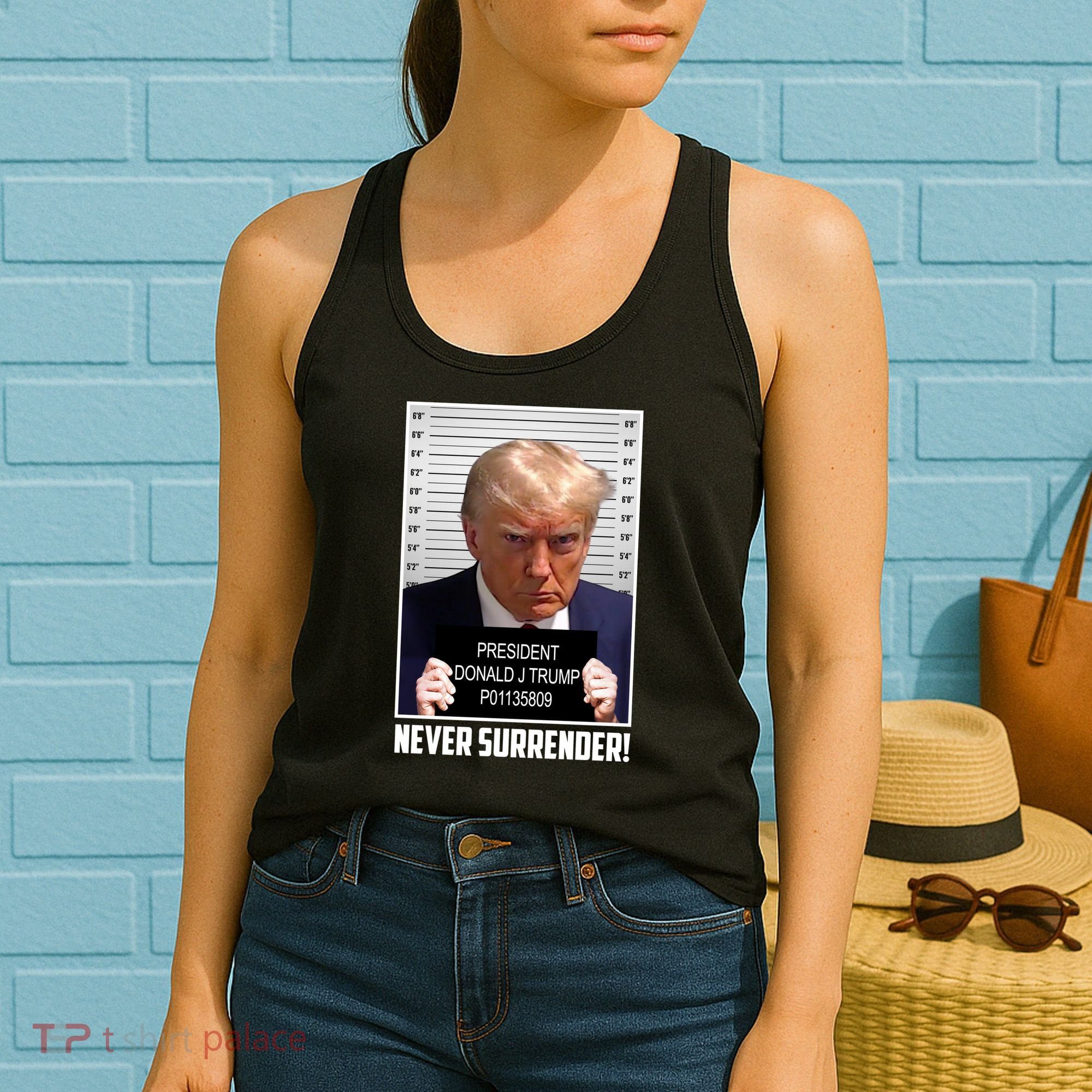 President Donald Trump Mugshot Never Surrender Women's Tank Top