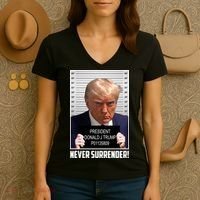 President Donald Trump Mugshot Never Surrender Women's V-Neck T-Shirt thumb 3
