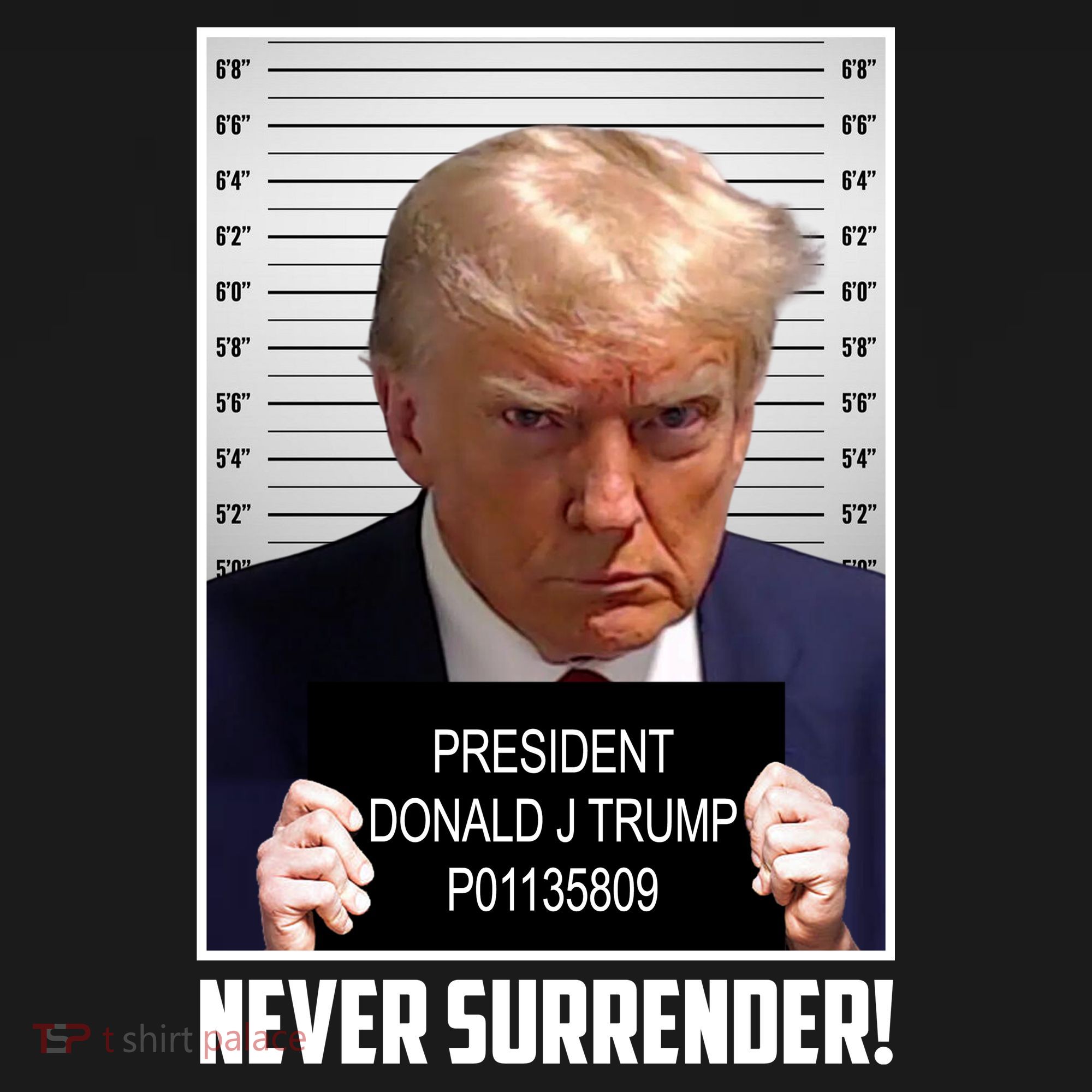President Donald Trump Mugshot Never Surrender Women's V-Neck T-Shirt