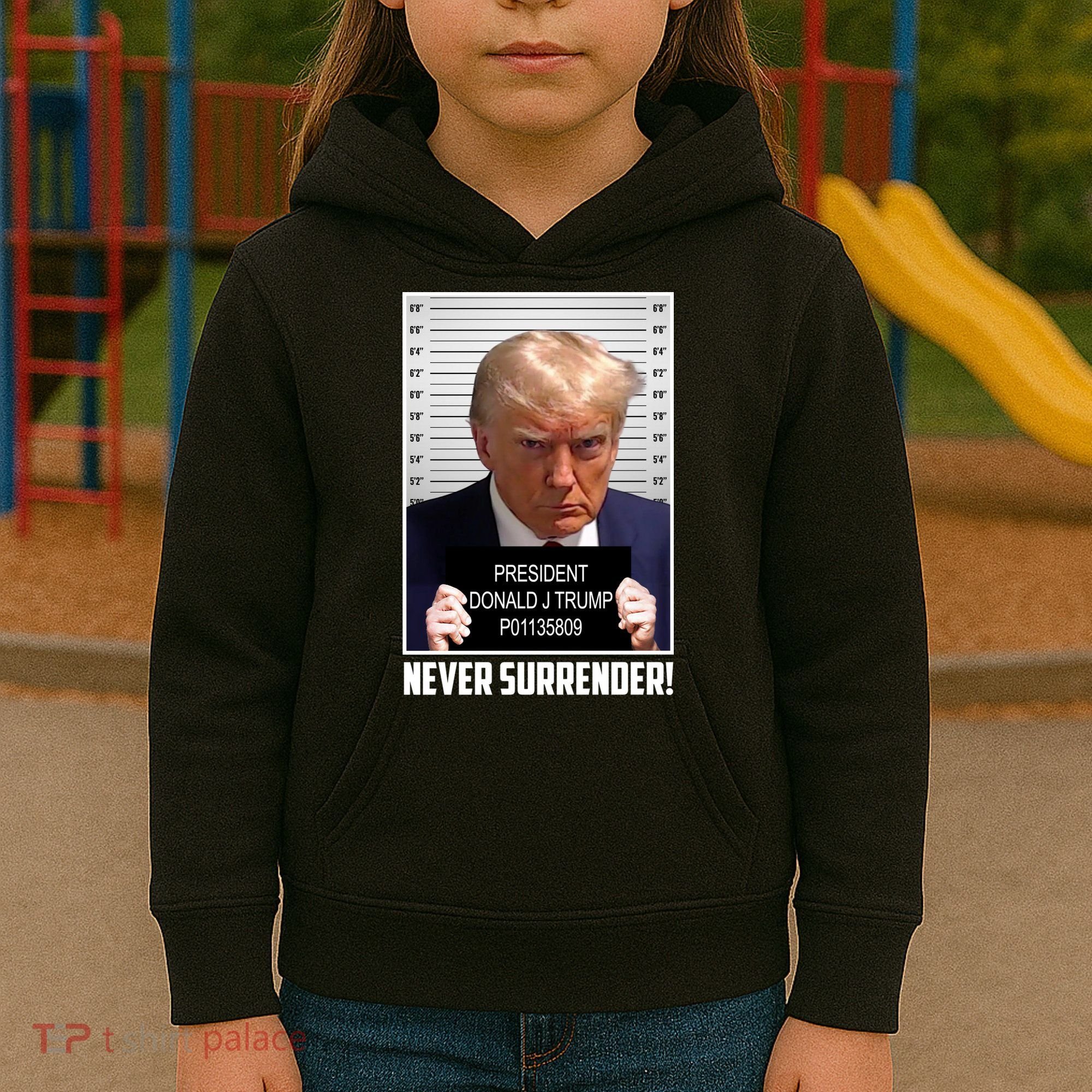 President Donald Trump Mugshot Never Surrender Kids Hoodie