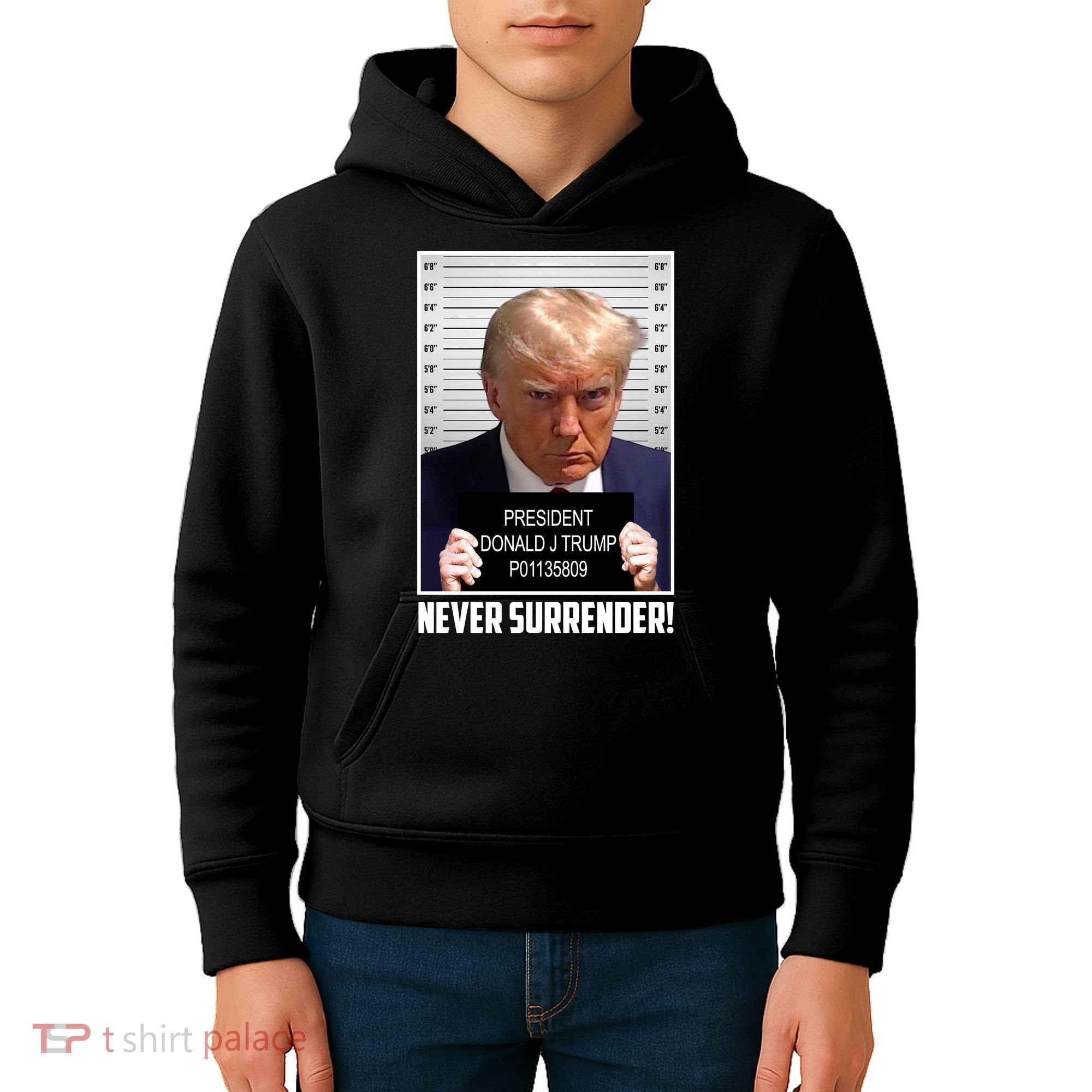 President Donald Trump Mugshot Never Surrender Kids Hoodie