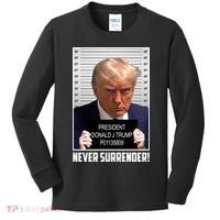 President Donald Trump Mugshot Never Surrender Kids Long Sleeve Shirt thumb 0