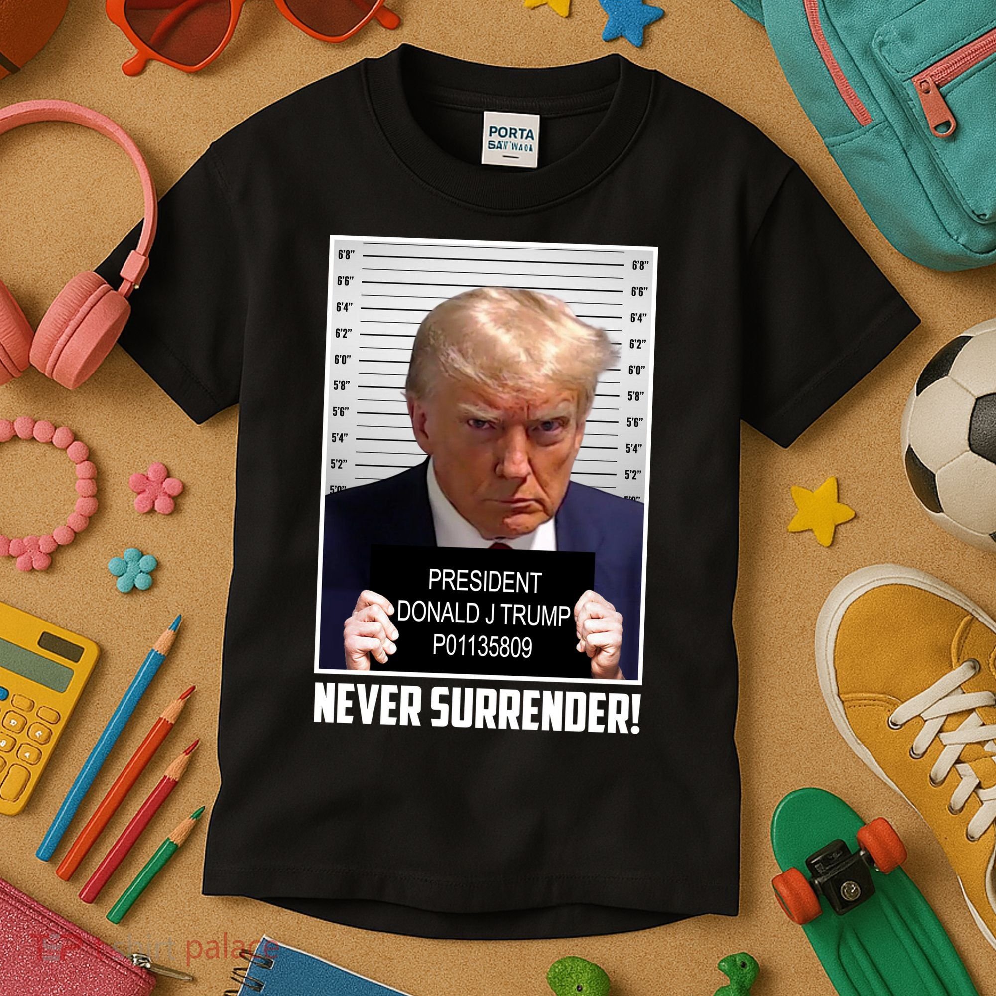 President Donald Trump Mugshot Never Surrender Kids T-Shirt