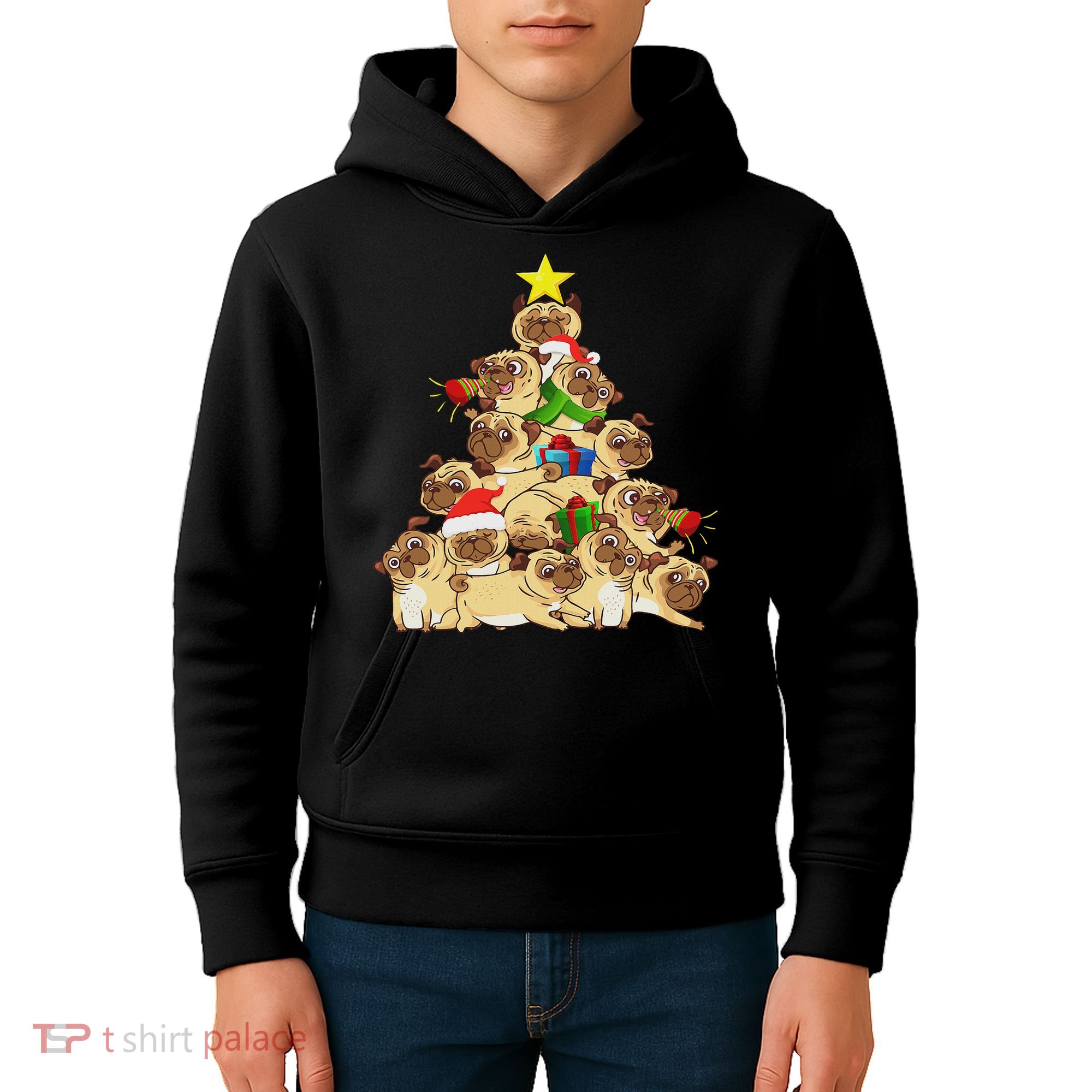 Pug Dogs Tree Christmas Sweater Xmas Pet Animal Dog Gifts Kids Hoodie