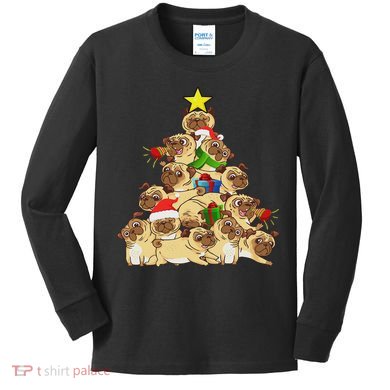 Pug Dogs Tree Christmas Sweater Xmas Pet Animal Dog Gifts Kids Long Sleeve Shirt