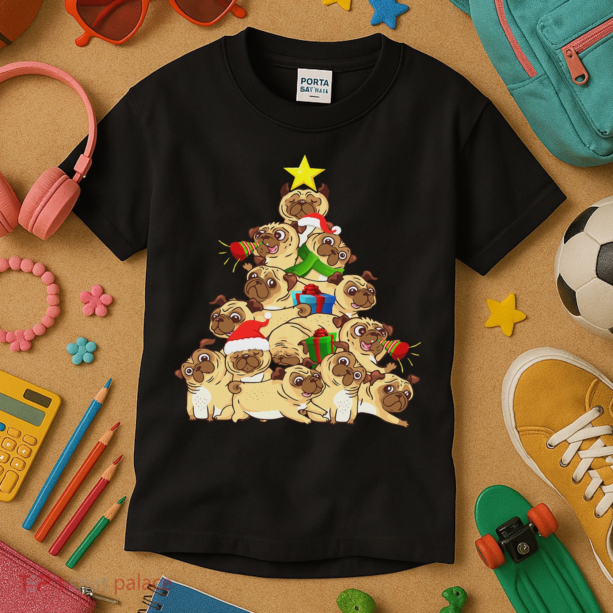 Pug Dogs Tree Christmas Sweater Xmas Pet Animal Dog Gifts Kids T-Shirt