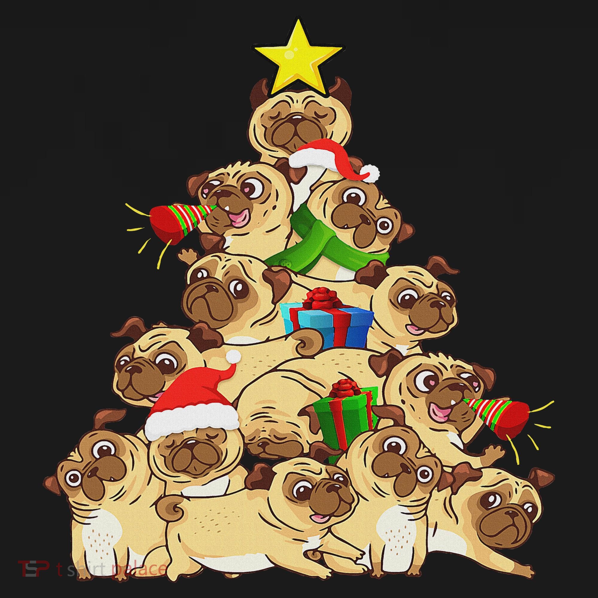 Pug Dogs Tree Christmas Sweater Xmas Pet Animal Dog Gifts Kids T-Shirt