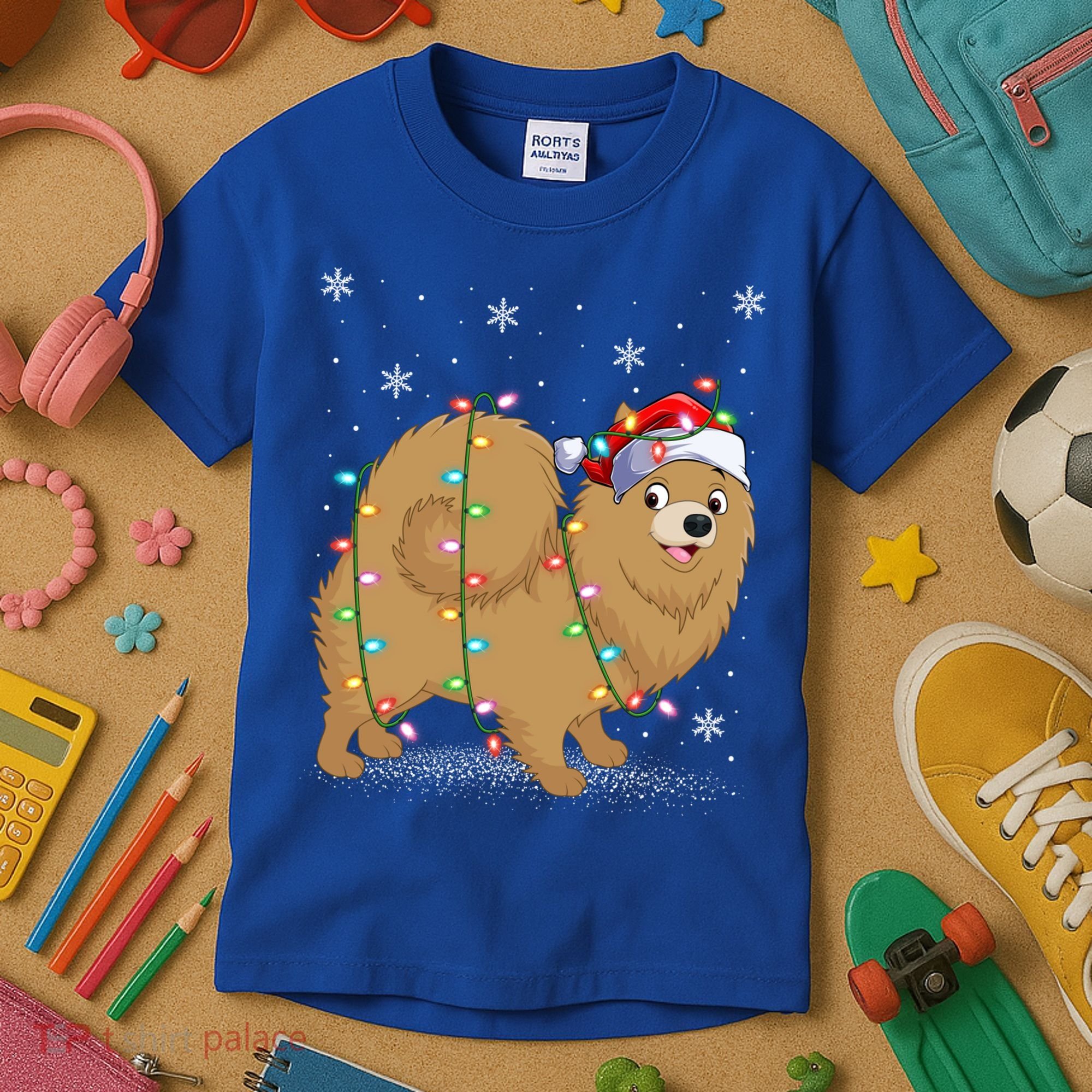 Pomeranian Dog Xmas Lighting Santa Pomeranian Christmas Gift Kids T-Shirt