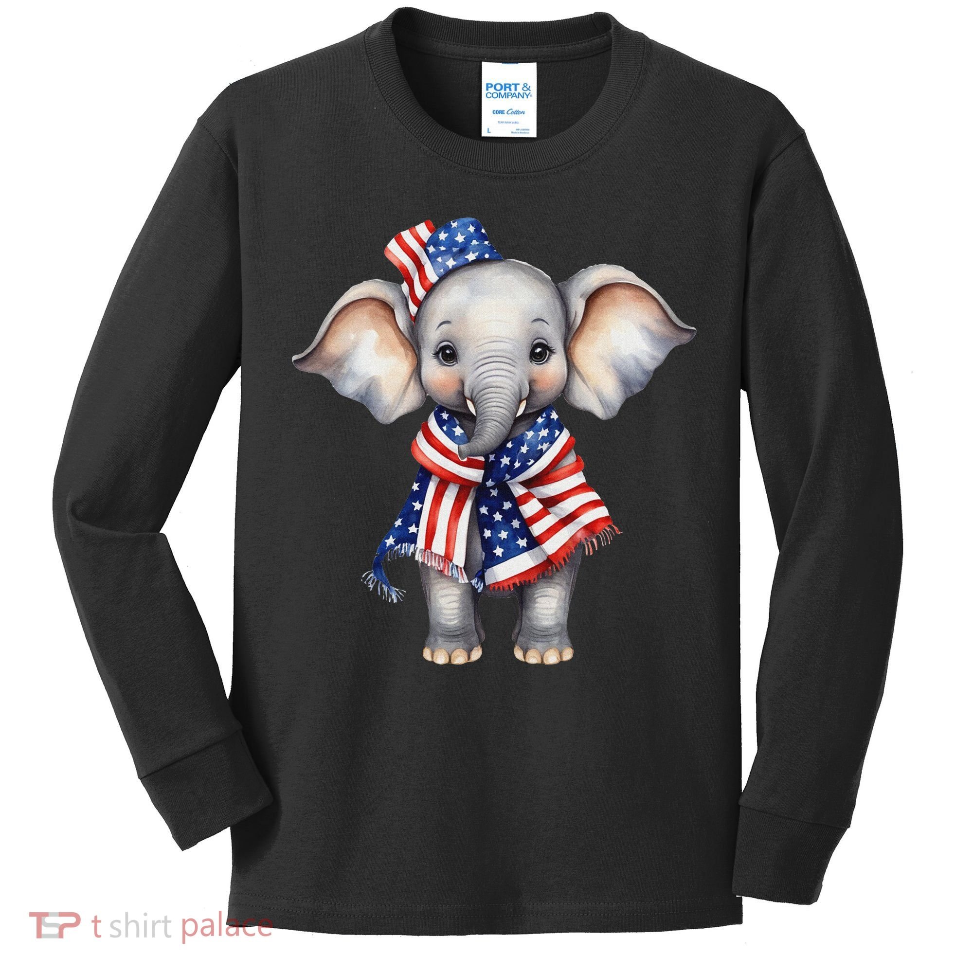 Patriotic Elephant 4th Of July Us Flag Kids Long Sleeve Shirt