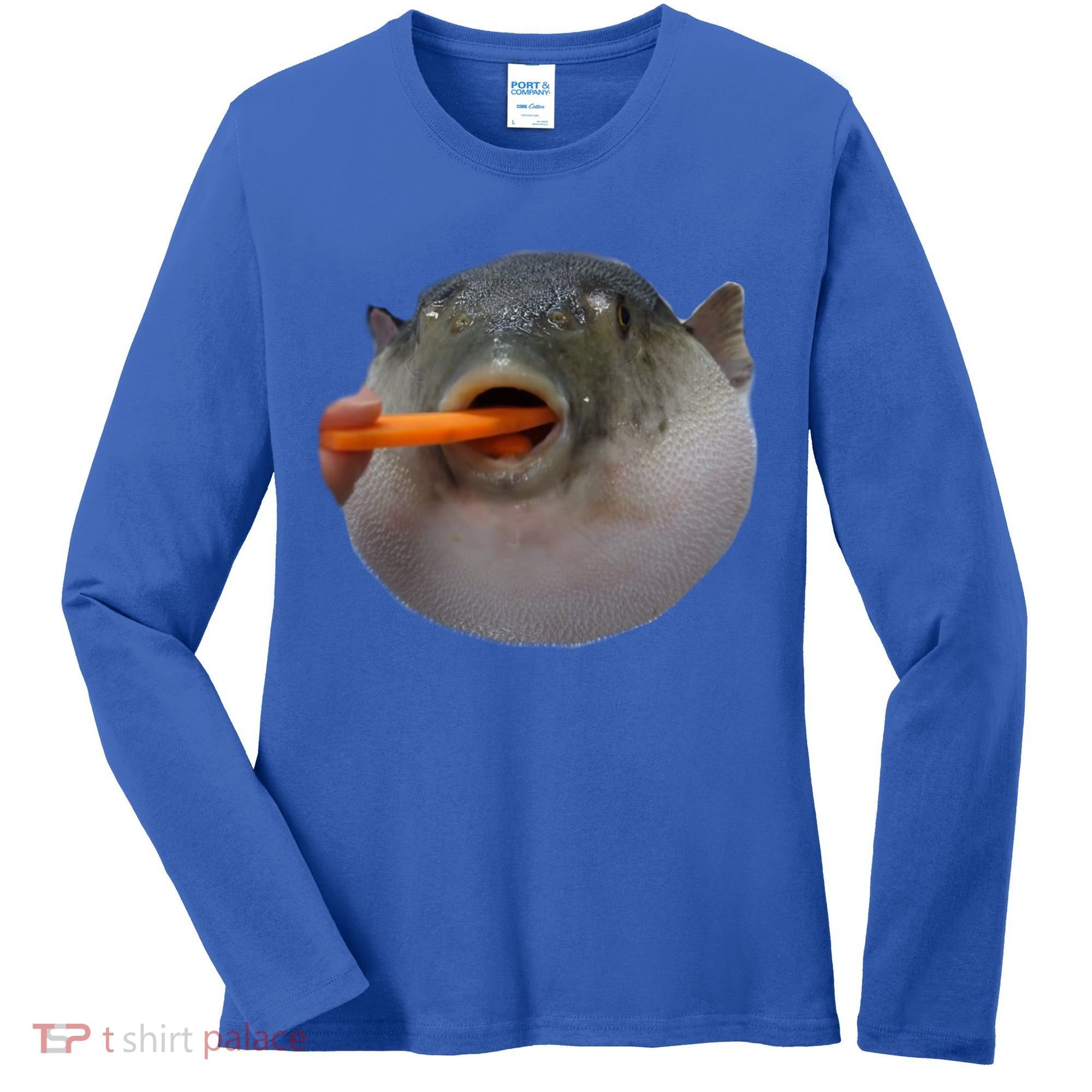 Pufferfish Eating A Carrot Meme Funny Blowfish Dank Memes Gift Women's Long Sleeve Shirt
