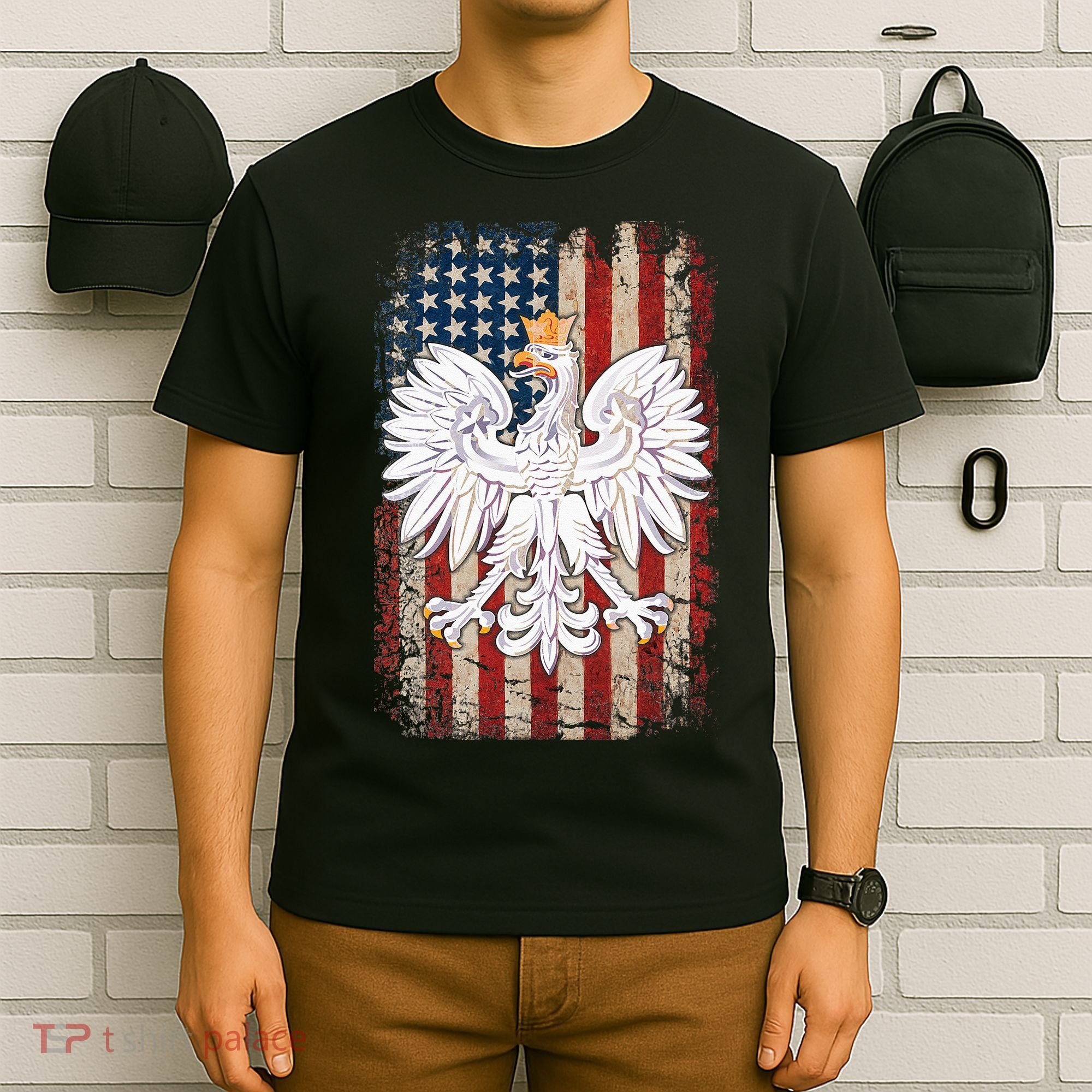 Polish Eagle American Flag Pride Poland T-Shirt
