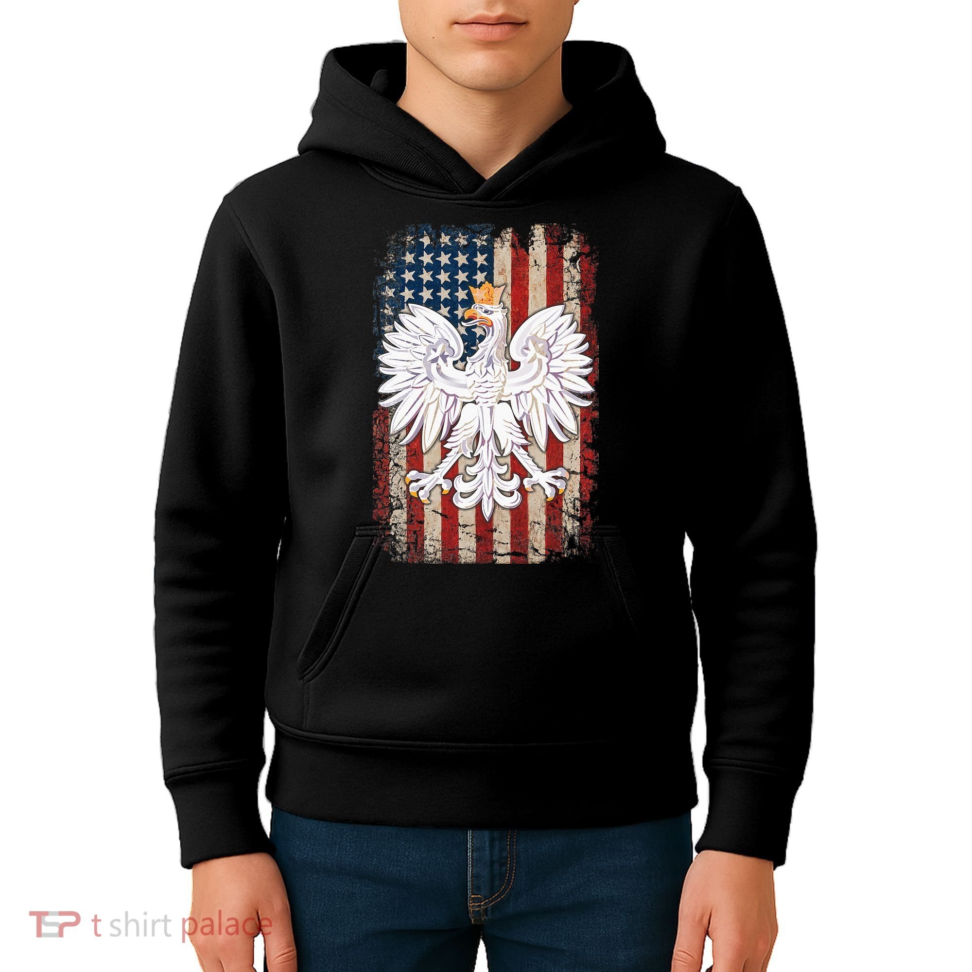 Polish Eagle American Flag Pride Poland Kids Hoodie
