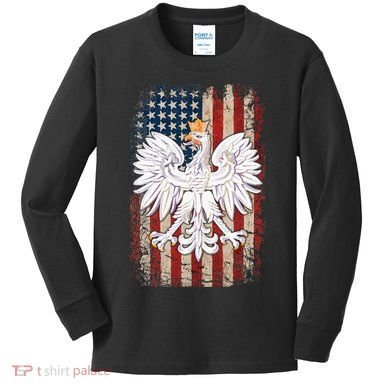 Polish Eagle American Flag Pride Poland Kids Long Sleeve Shirt