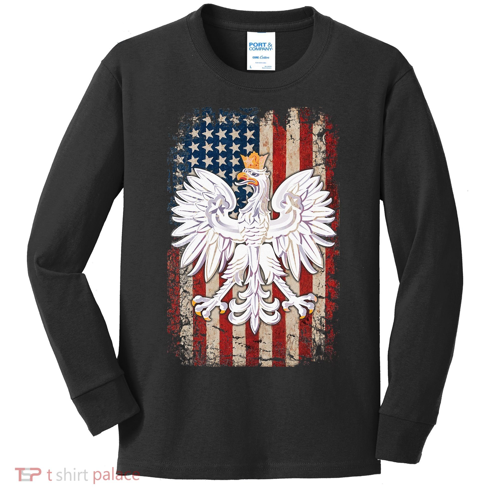 Polish Eagle American Flag Pride Poland Kids Long Sleeve Shirt