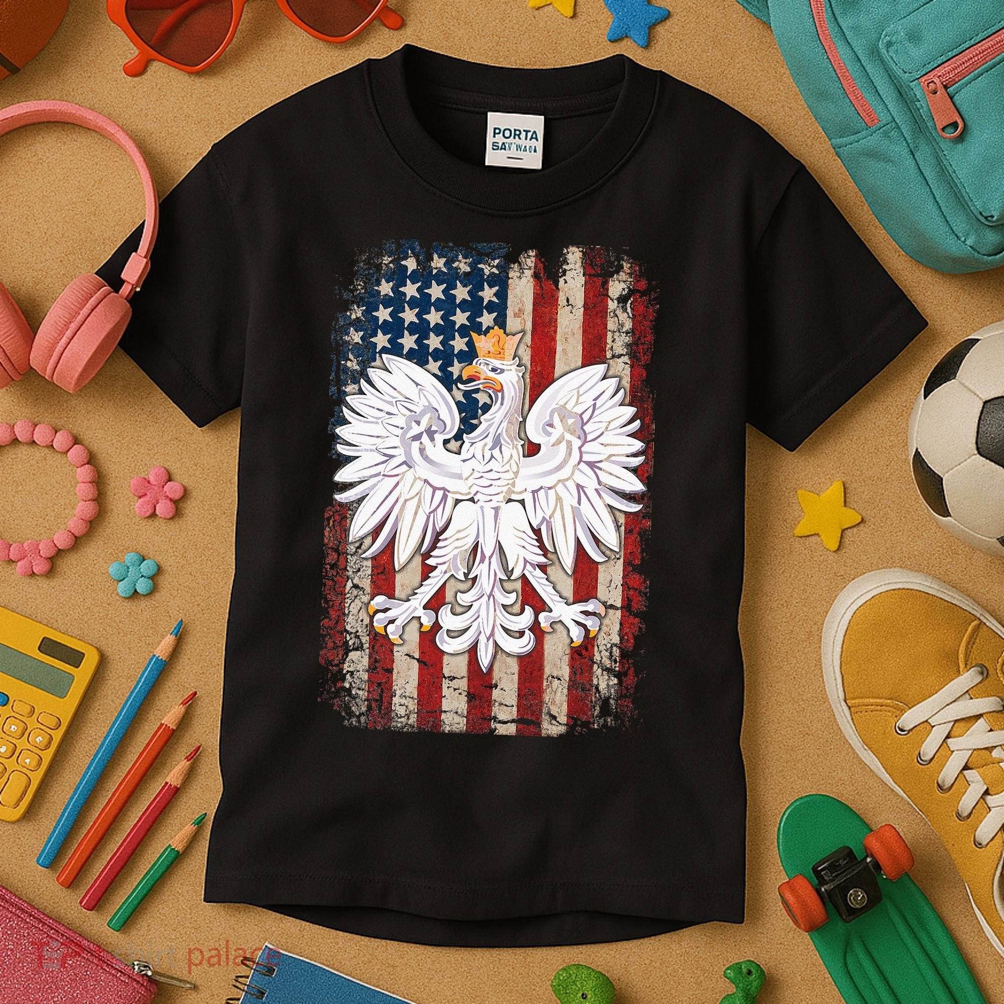 Polish Eagle American Flag Pride Poland Kids T-Shirt