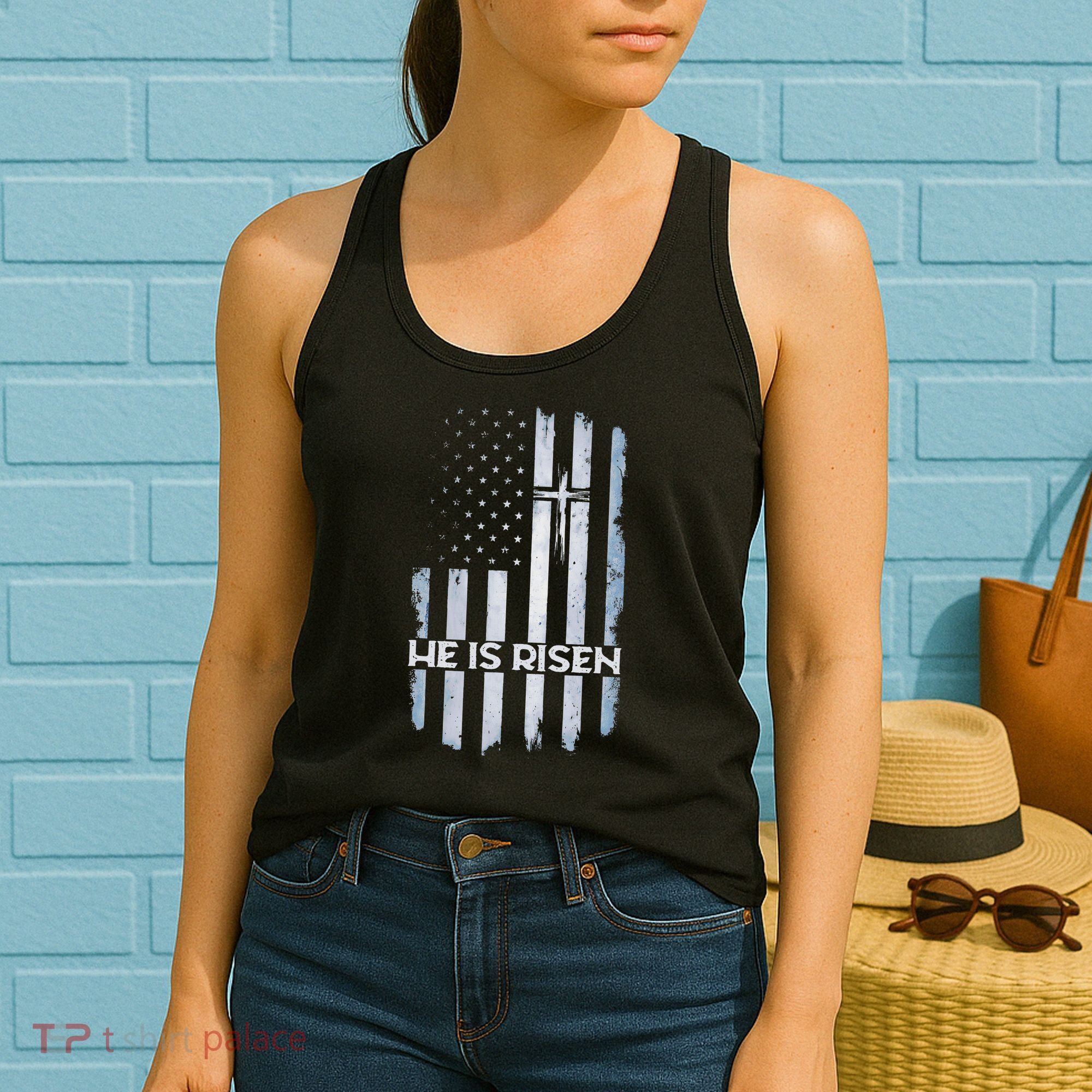 Patriotic Easter American Flag He Is Risen Easter Women's Tank Top