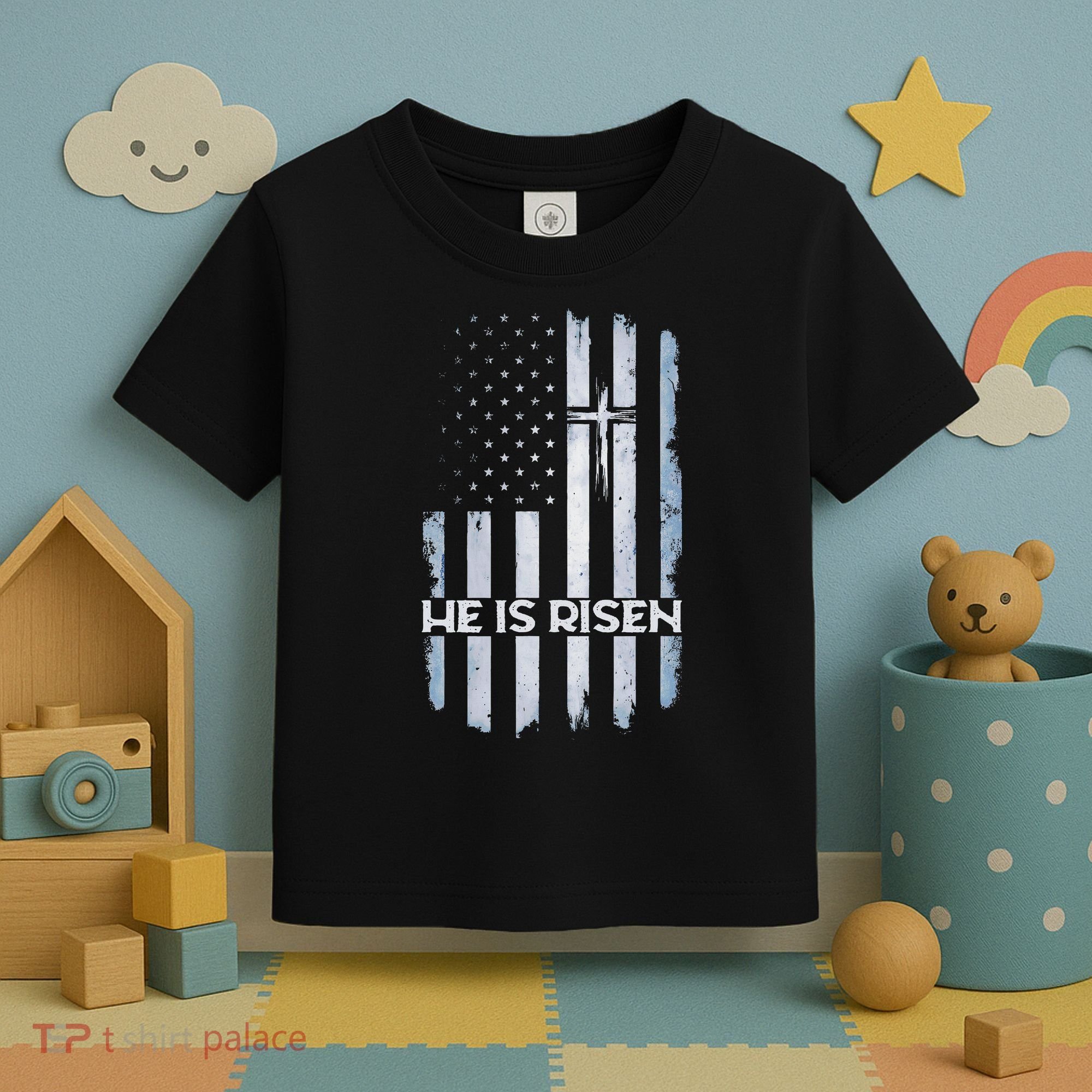 Patriotic Easter American Flag He Is Risen Easter Toddler T-Shirt