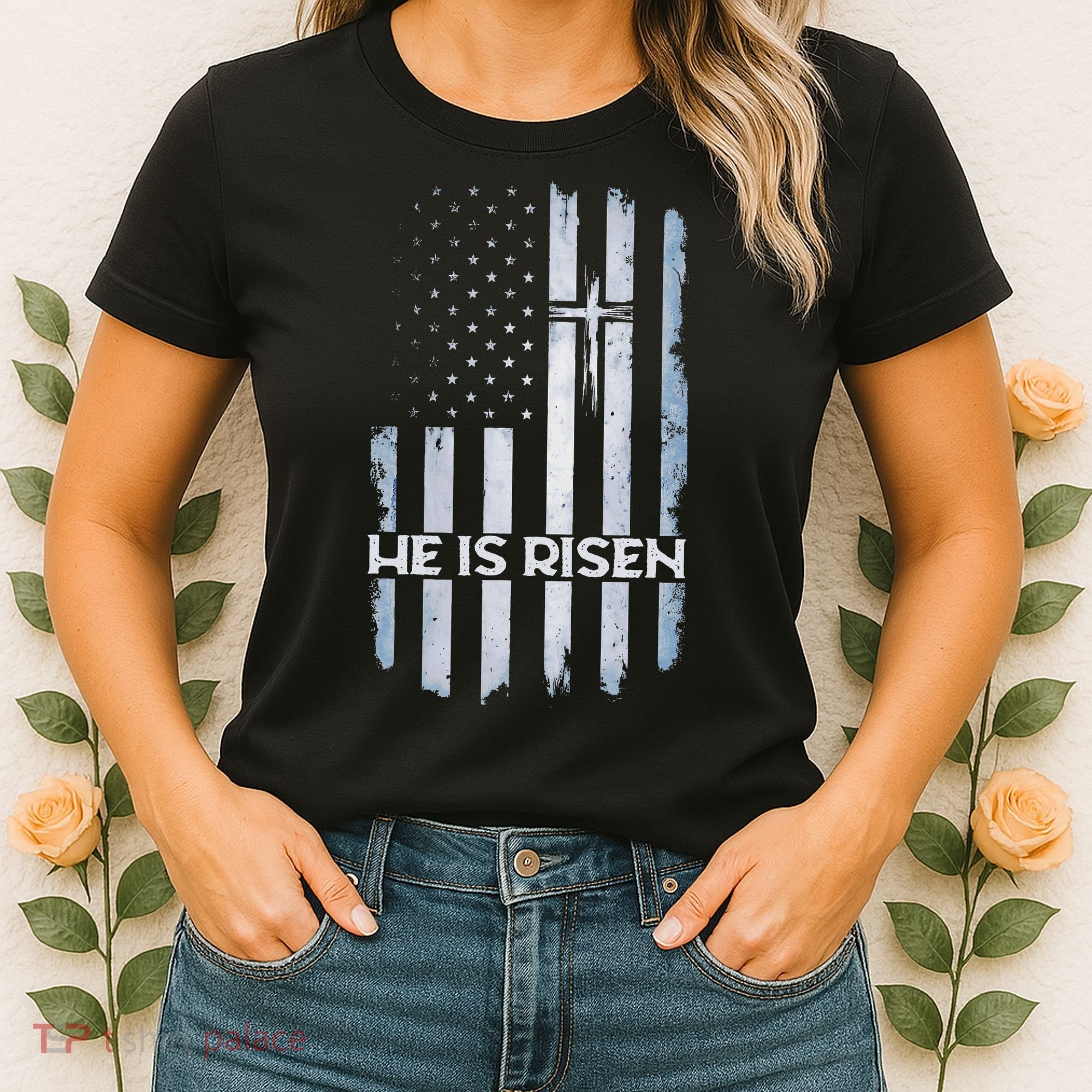 Patriotic Easter American Flag He Is Risen Easter Women's T-Shirt