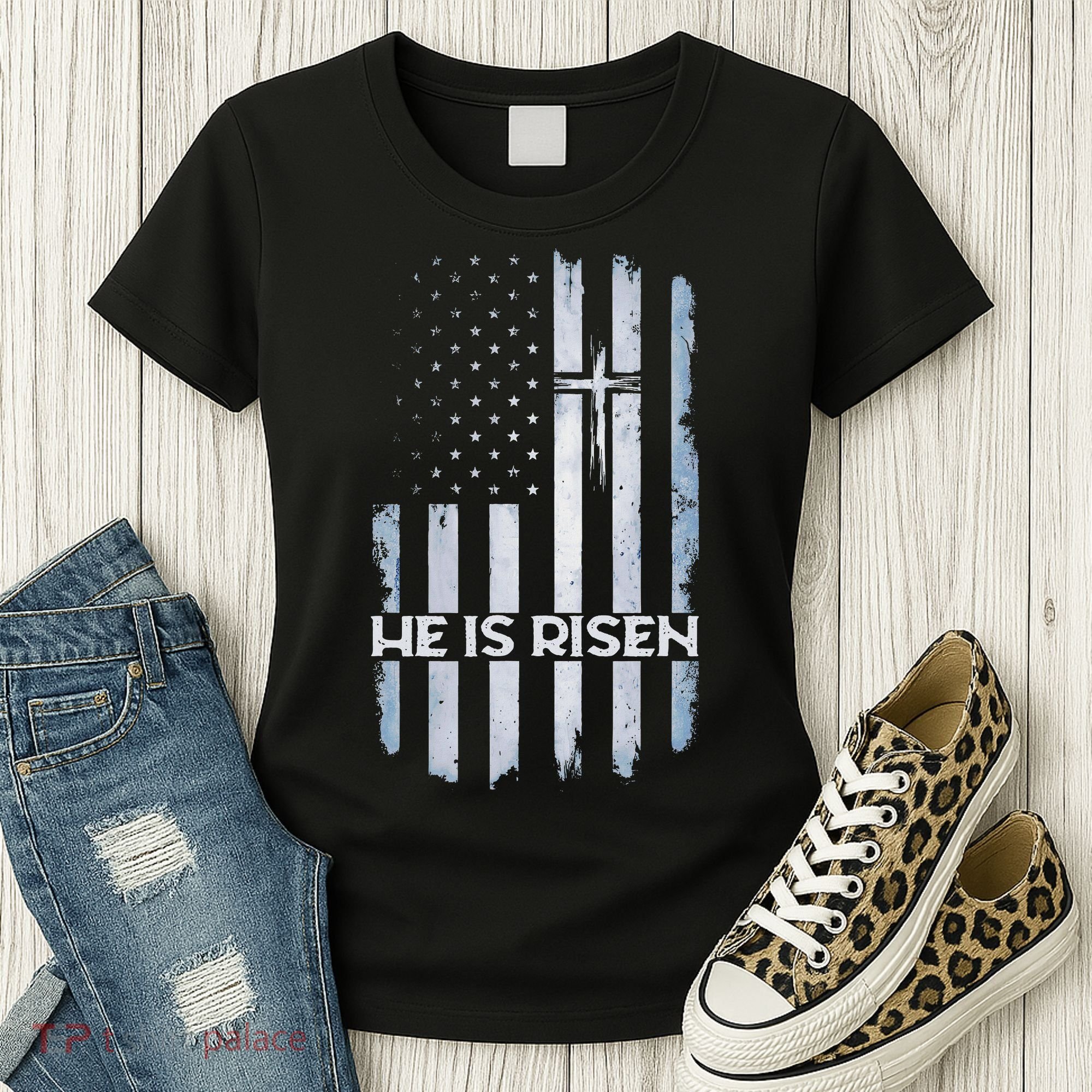 Patriotic Easter American Flag He Is Risen Easter Women's T-Shirt