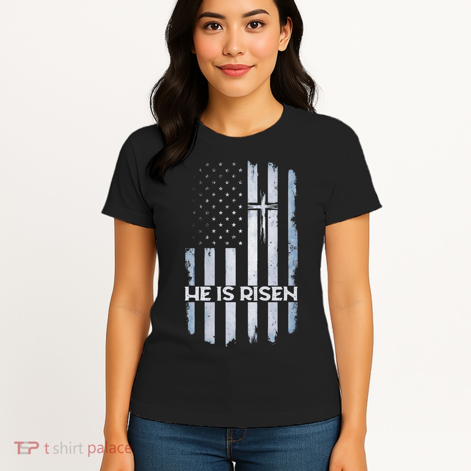 Patriotic Easter American Flag He Is Risen Easter Women's T-Shirt