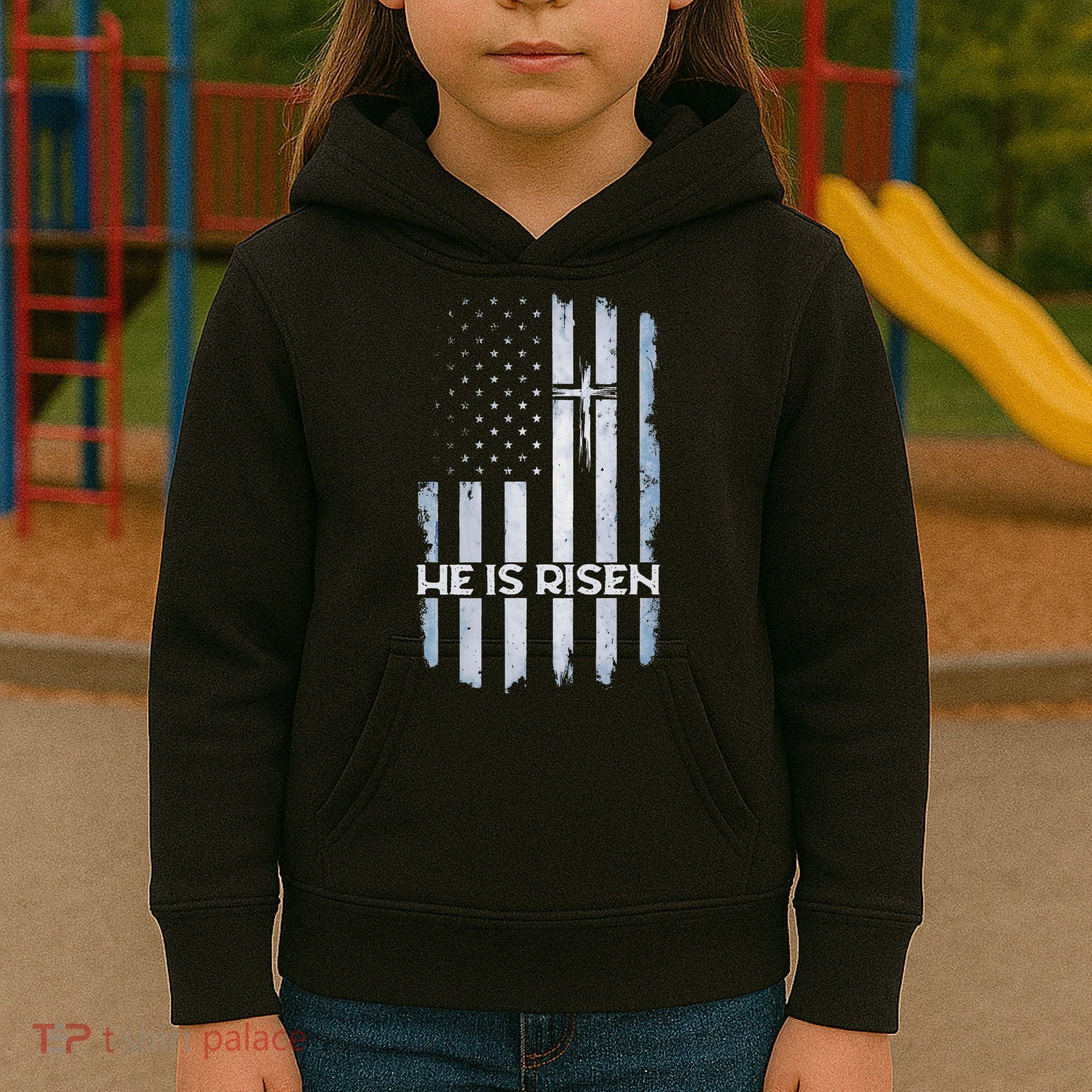Patriotic Easter American Flag He Is Risen Easter Kids Hoodie