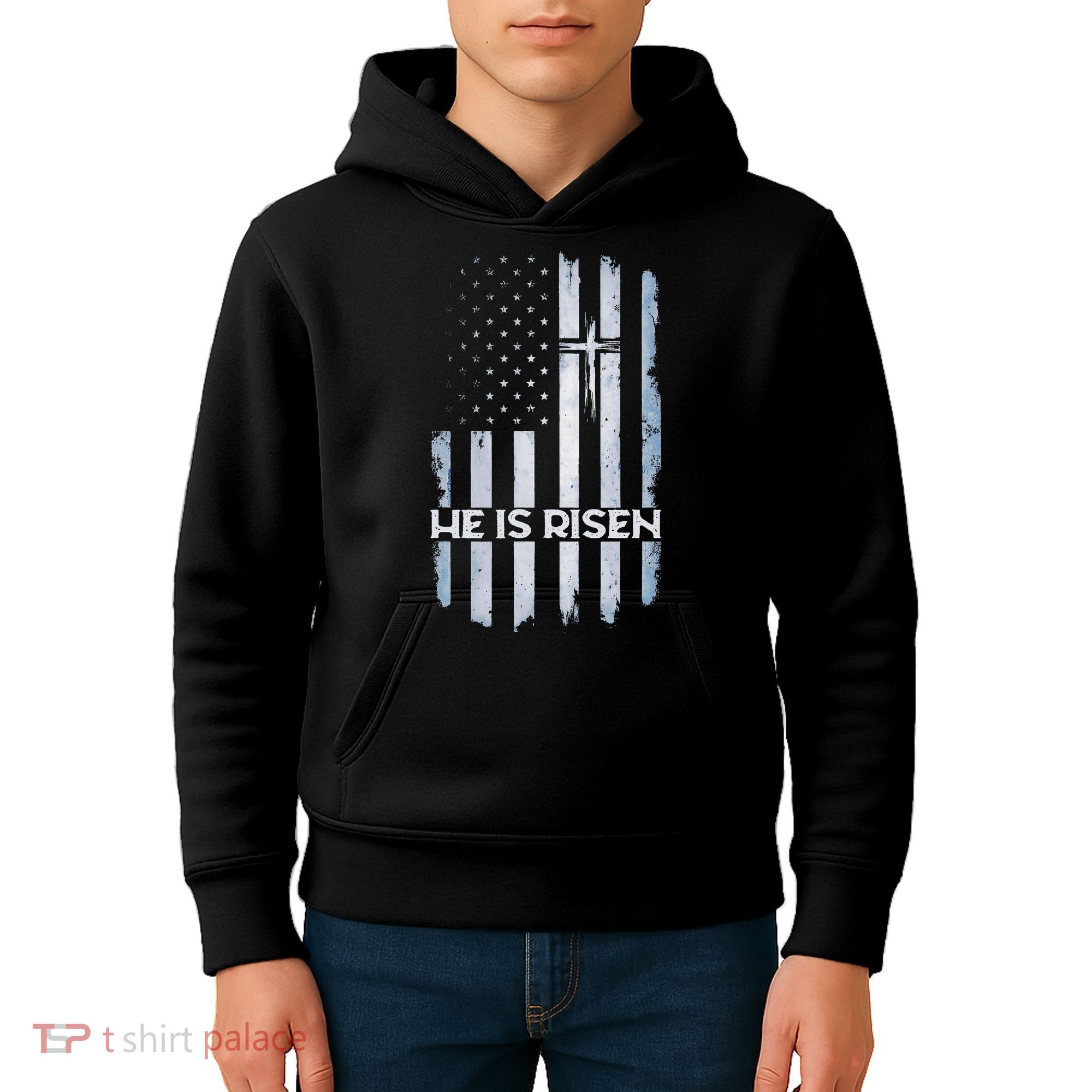 Patriotic Easter American Flag He Is Risen Easter Kids Hoodie