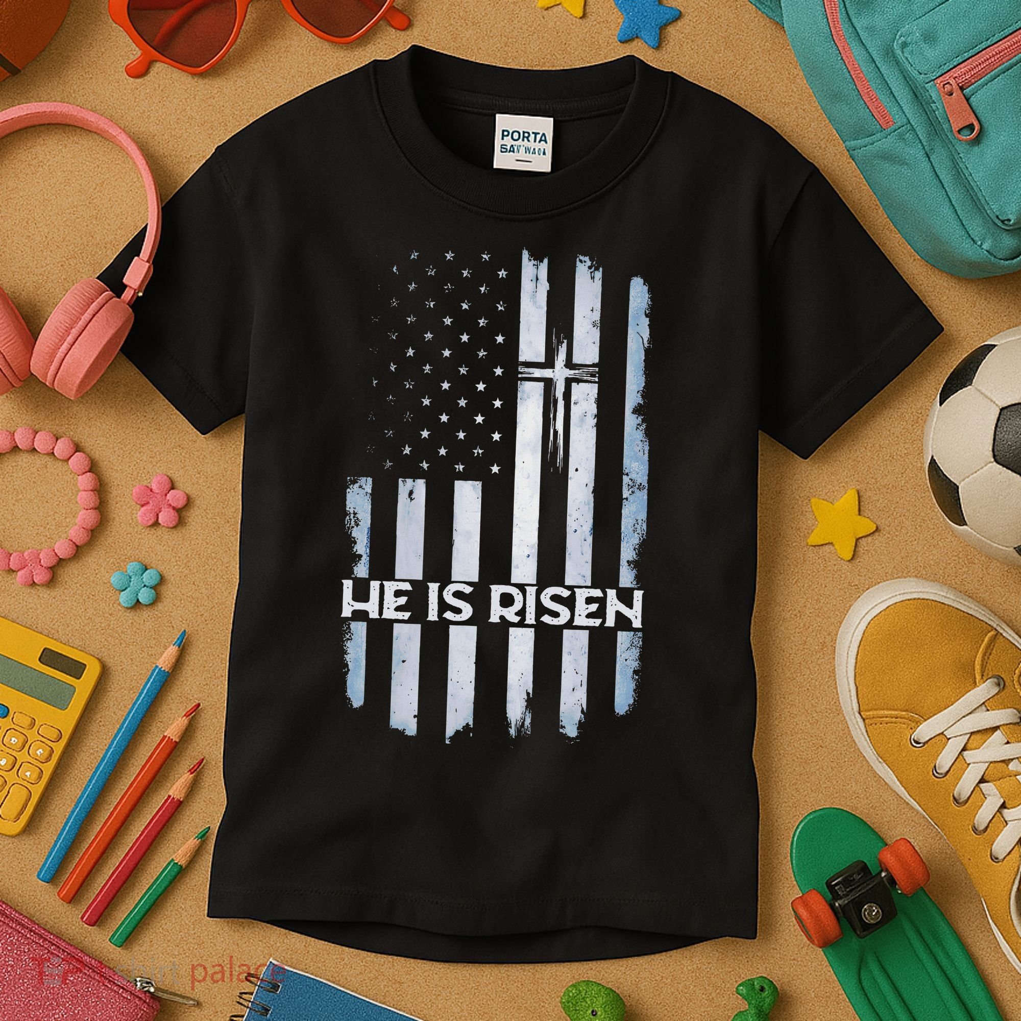 Patriotic Easter American Flag He Is Risen Easter Kids T-Shirt