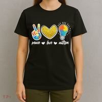 Peace Love & Autism Autism Awareness Month T-Shirt thumb 4