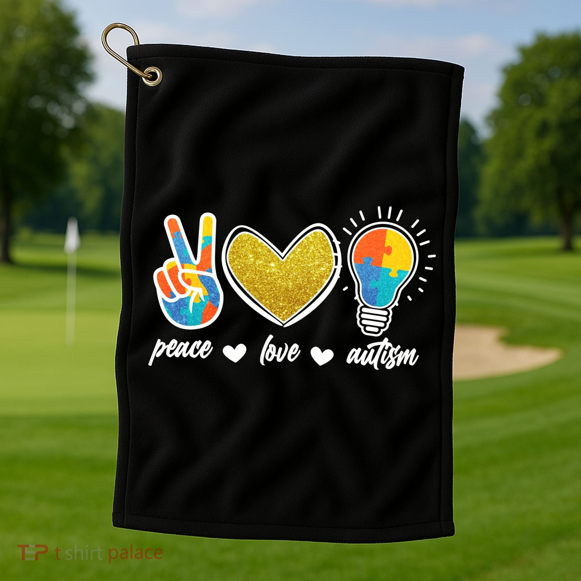Peace Love & Autism Autism Awareness Month Golf Towel