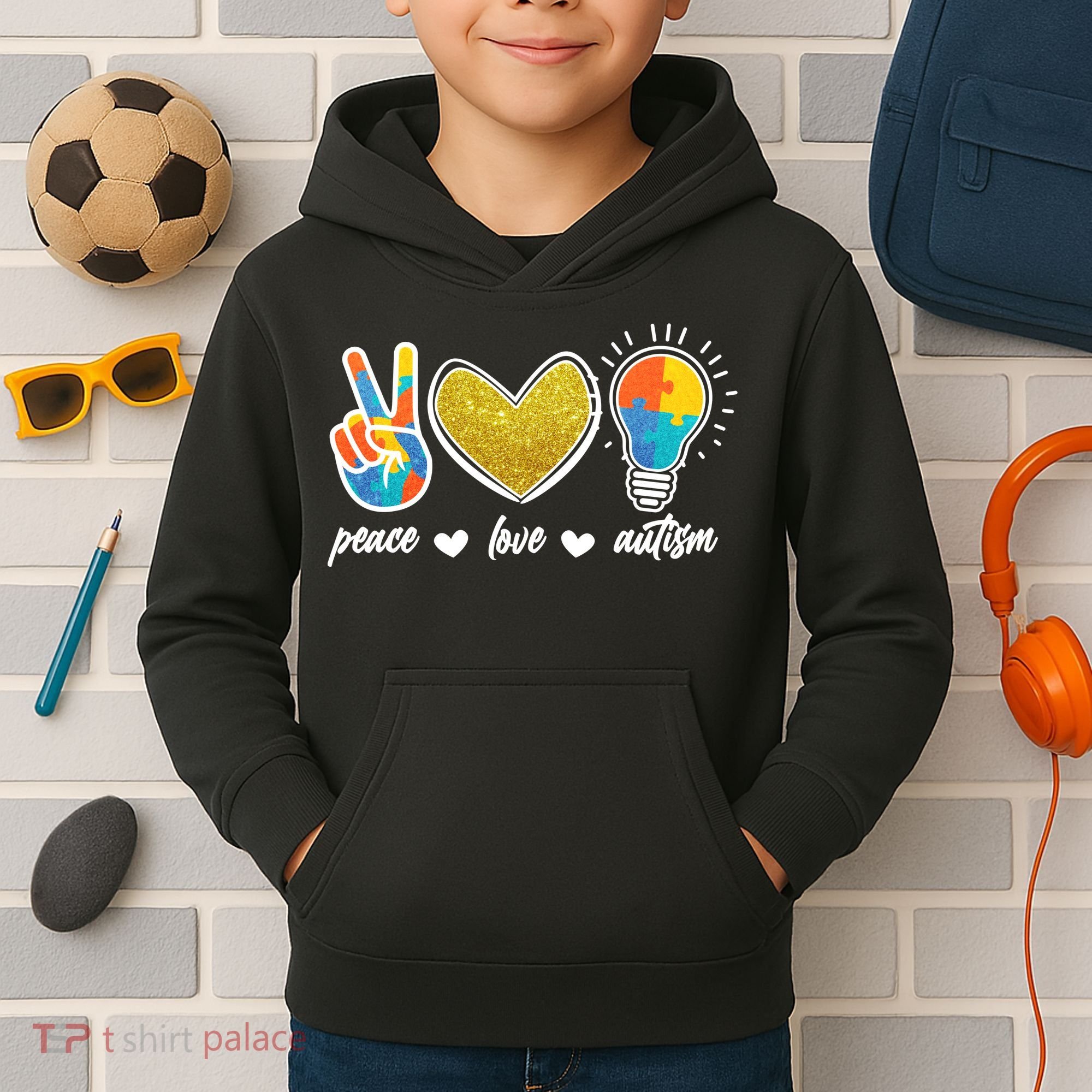 Peace Love & Autism Autism Awareness Month Kids Hoodie