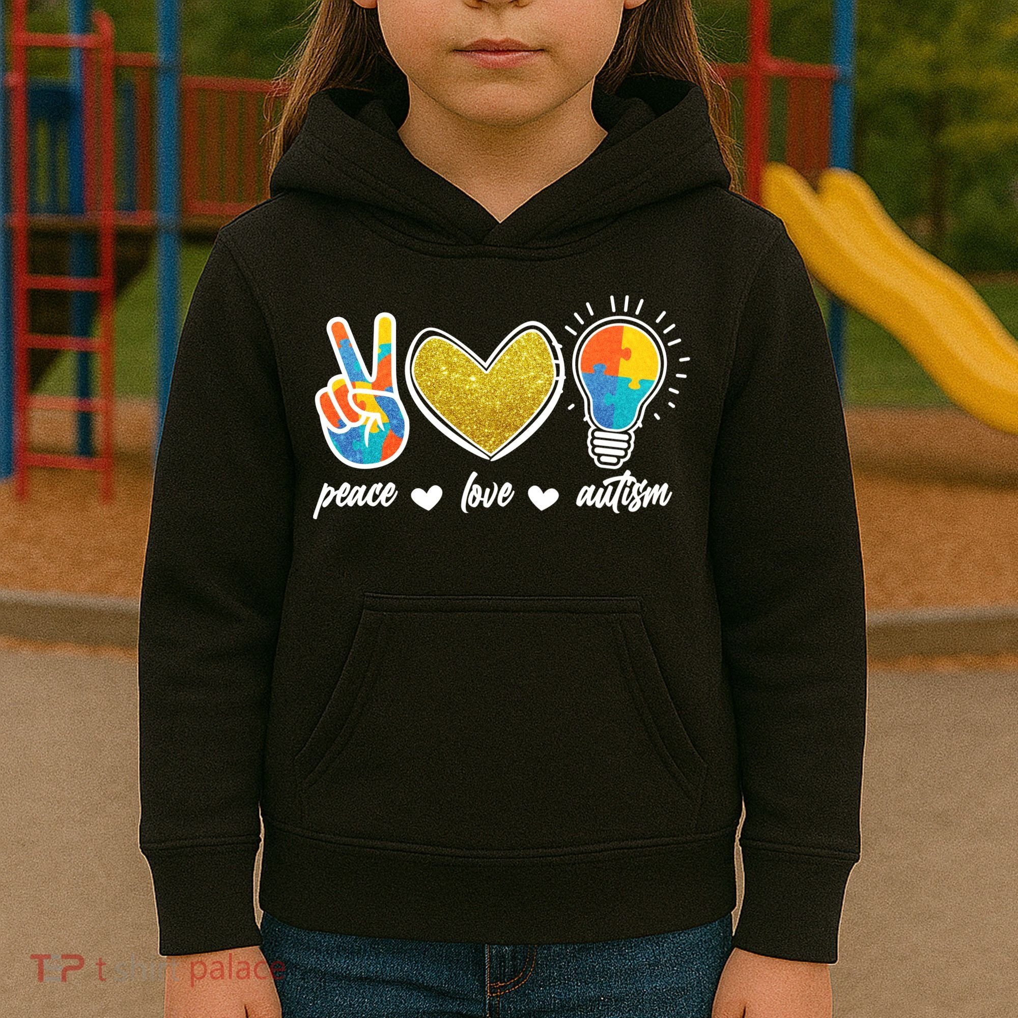 Peace Love & Autism Autism Awareness Month Kids Hoodie