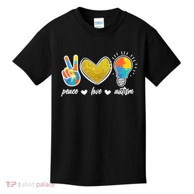 Peace Love & Autism Autism Awareness Month Kids T-Shirt