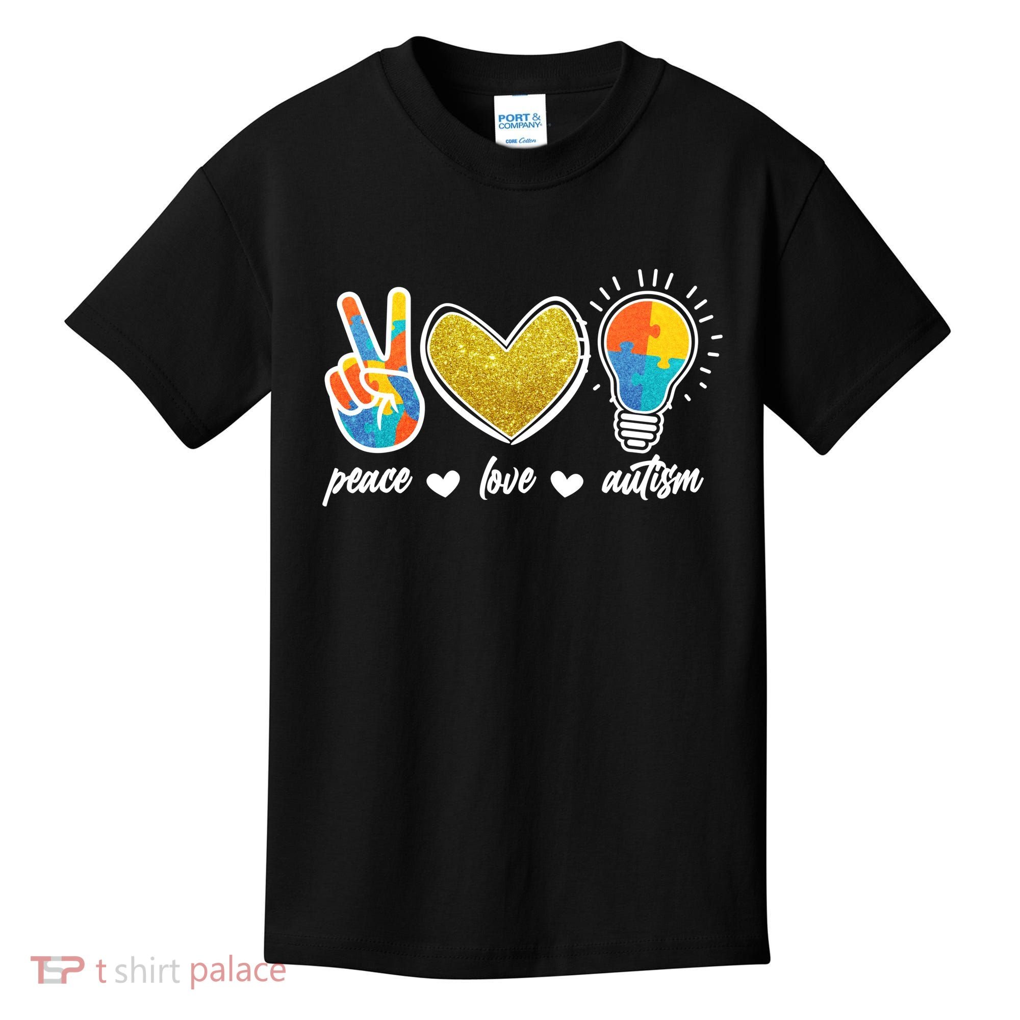 Peace Love & Autism Autism Awareness Month Kids T-Shirt