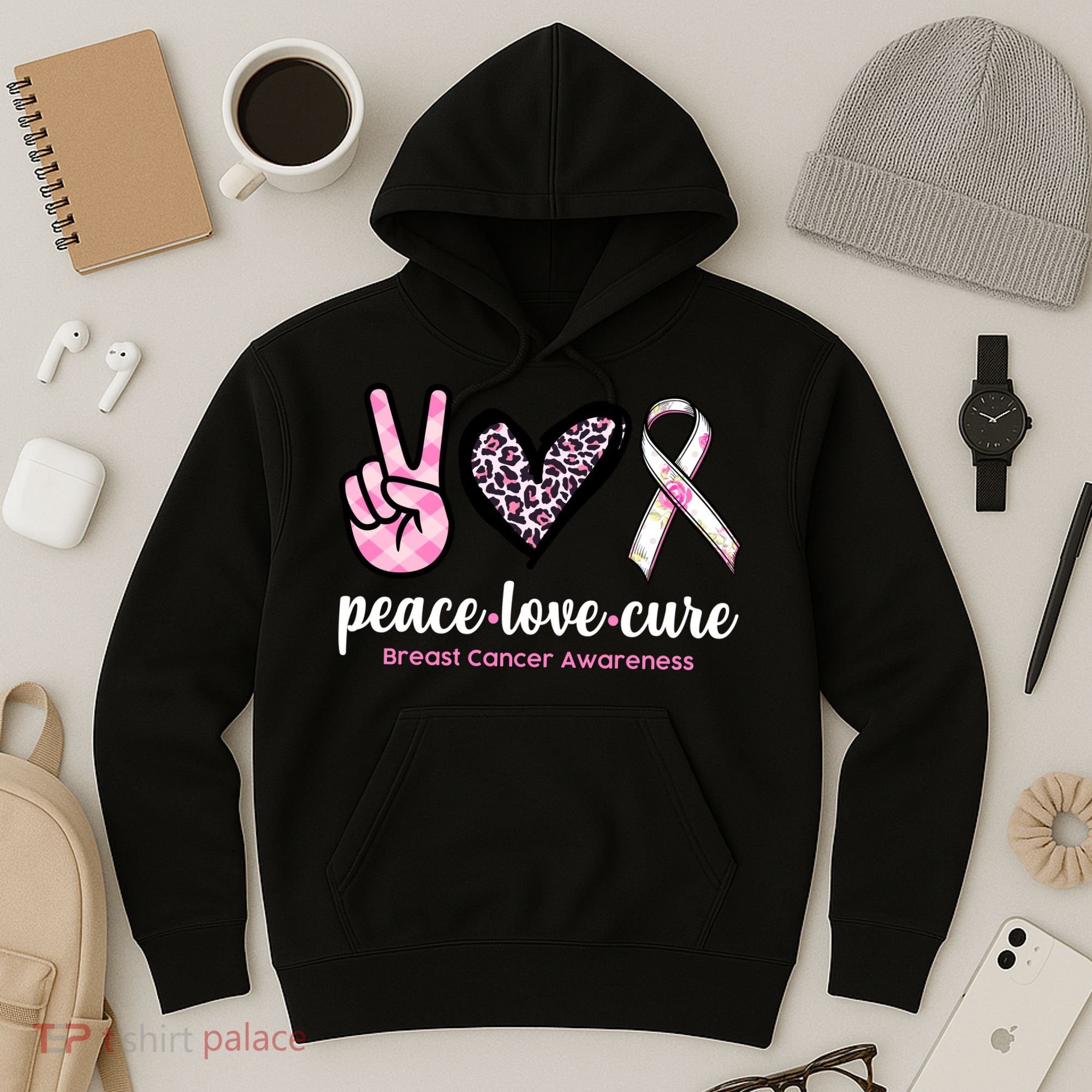 Peace Love Cure Breast Cancer Awareness Fashion Patterns Hoodie