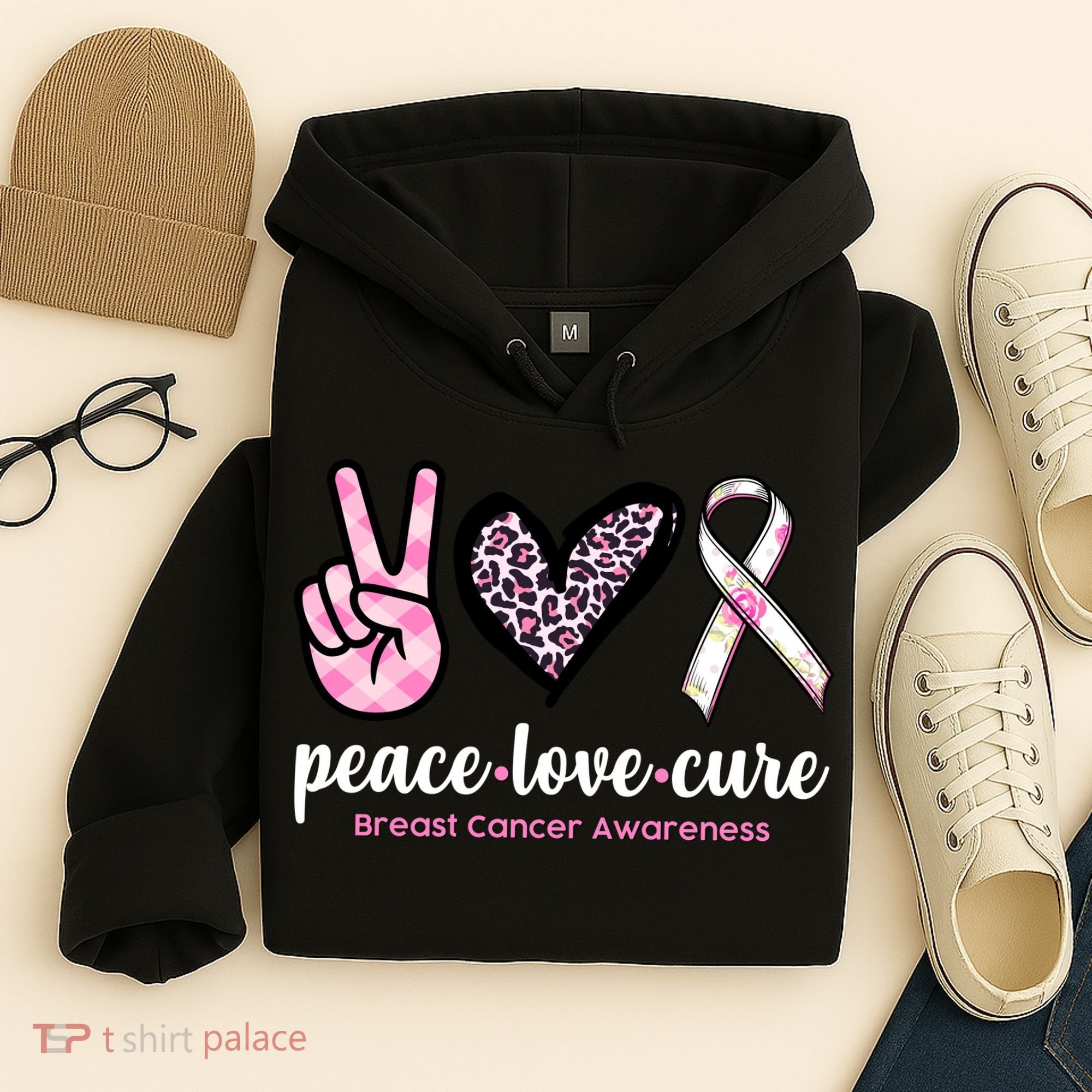 Peace Love Cure Breast Cancer Awareness Fashion Patterns Hoodie