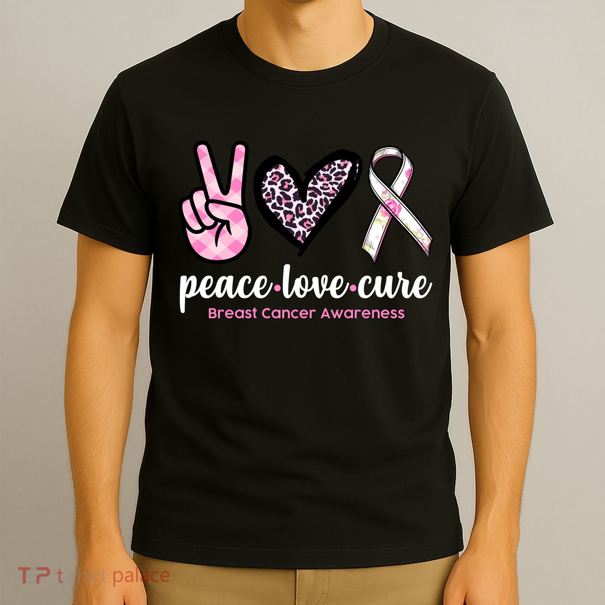 Peace Love Cure Breast Cancer Awareness Fashion Patterns T-Shirt