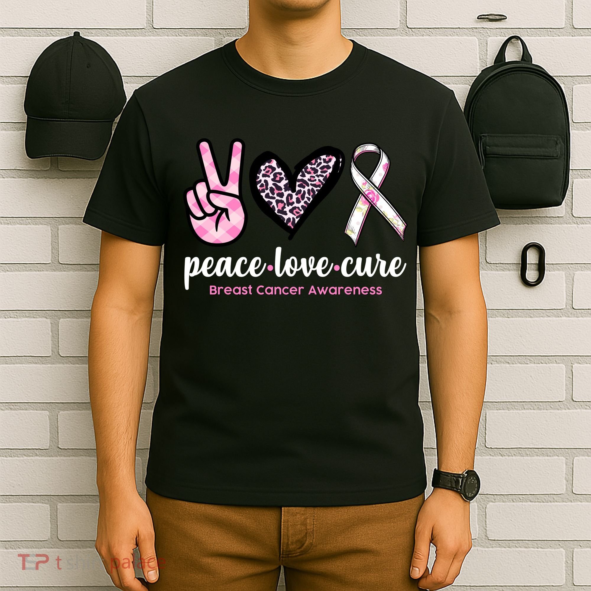 Peace Love Cure Breast Cancer Awareness Fashion Patterns T-Shirt