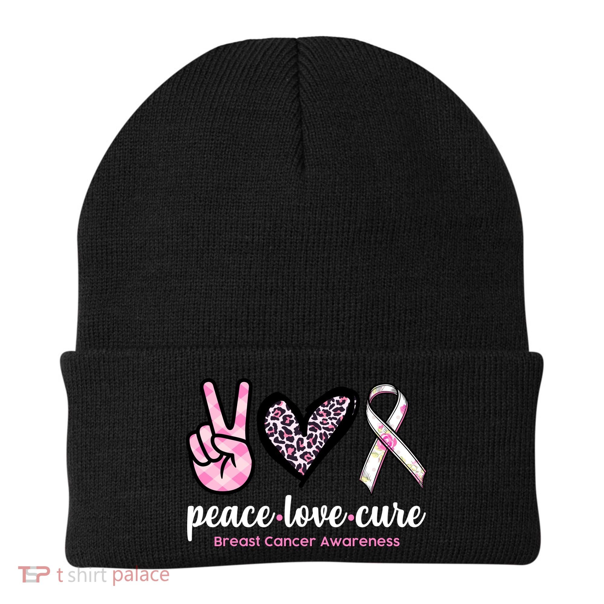 Peace Love Cure Breast Cancer Awareness Fashion Patterns Beanie