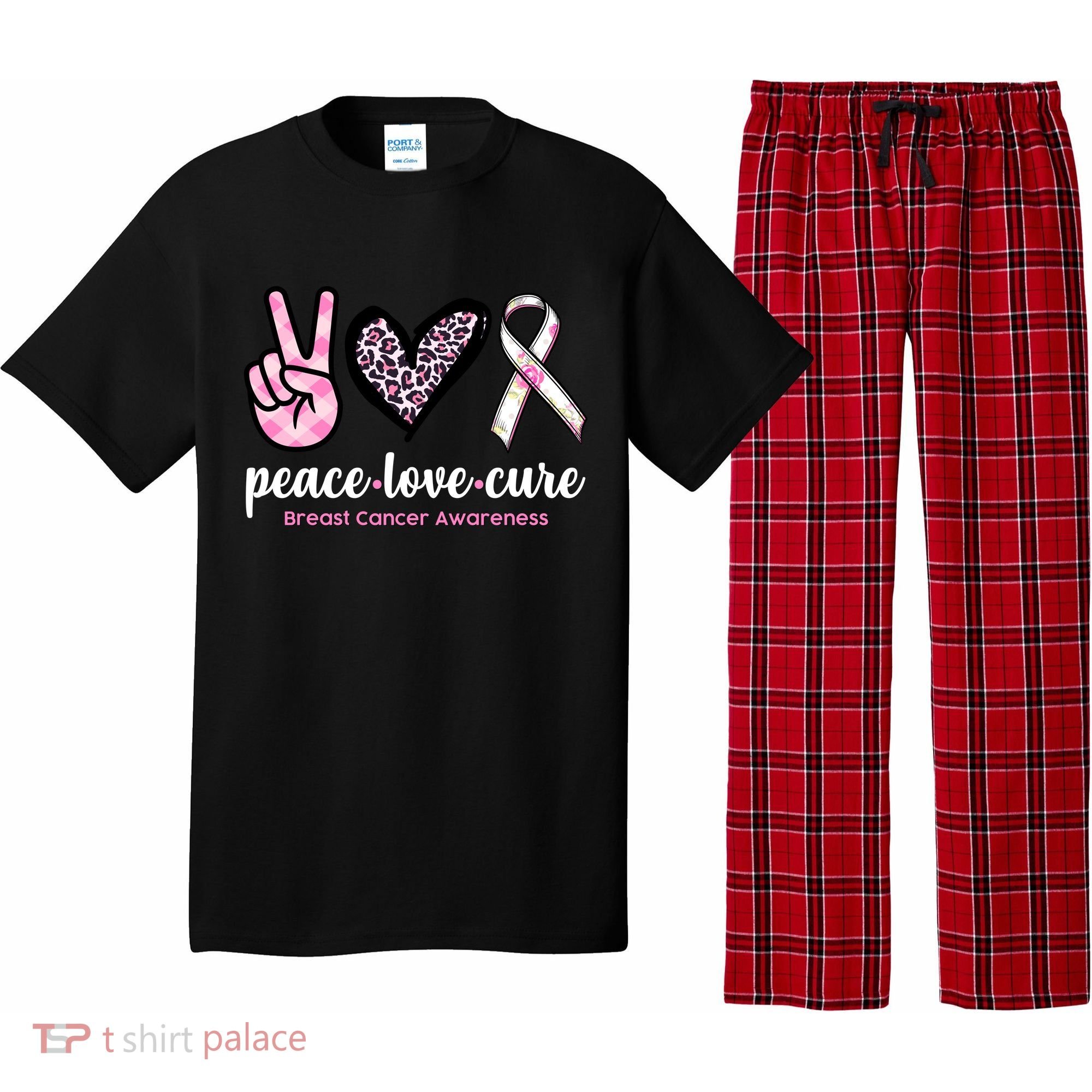 Peace Love Cure Breast Cancer Awareness Fashion Patterns Pajama Set