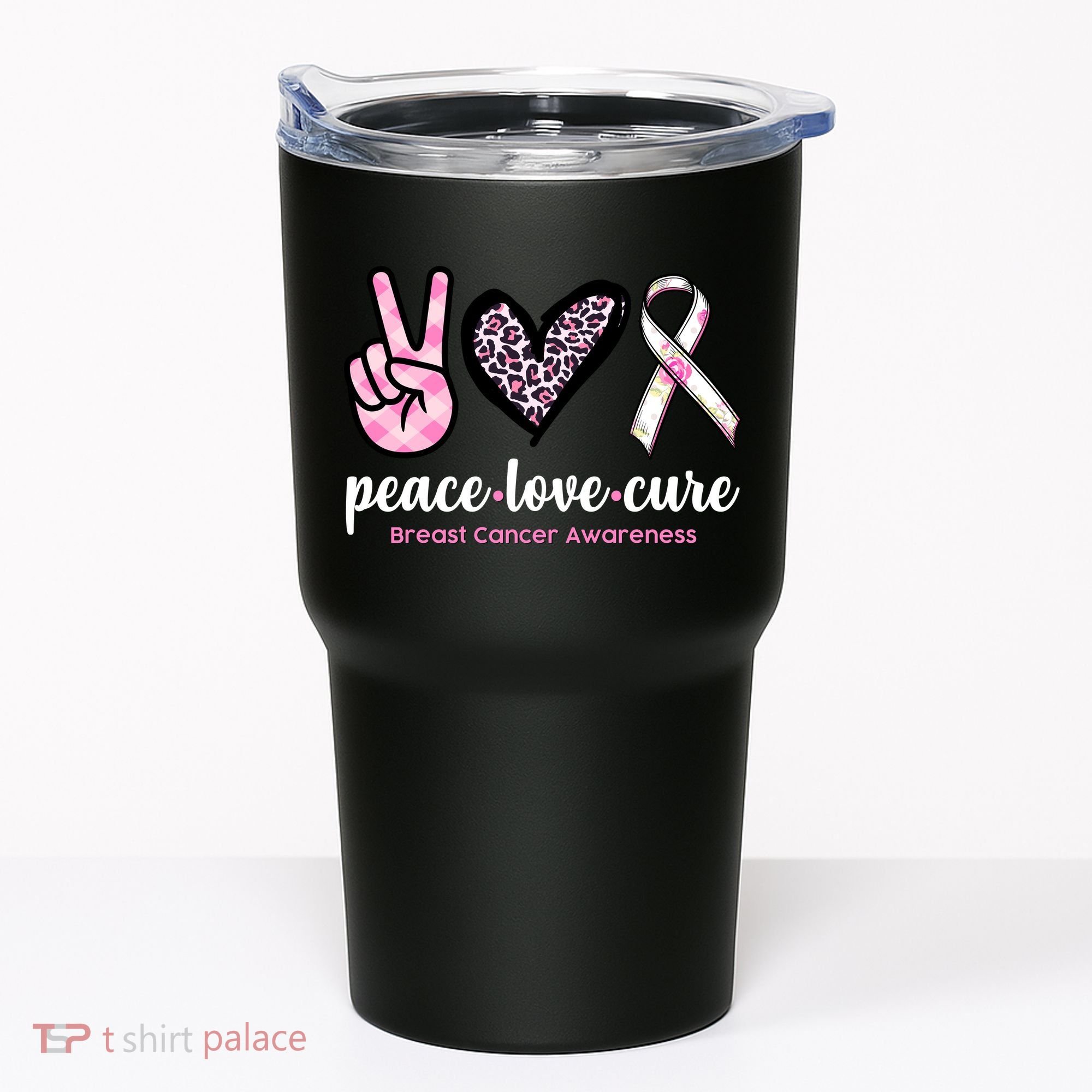 Peace Love Cure Breast Cancer Awareness Fashion Patterns Tumbler