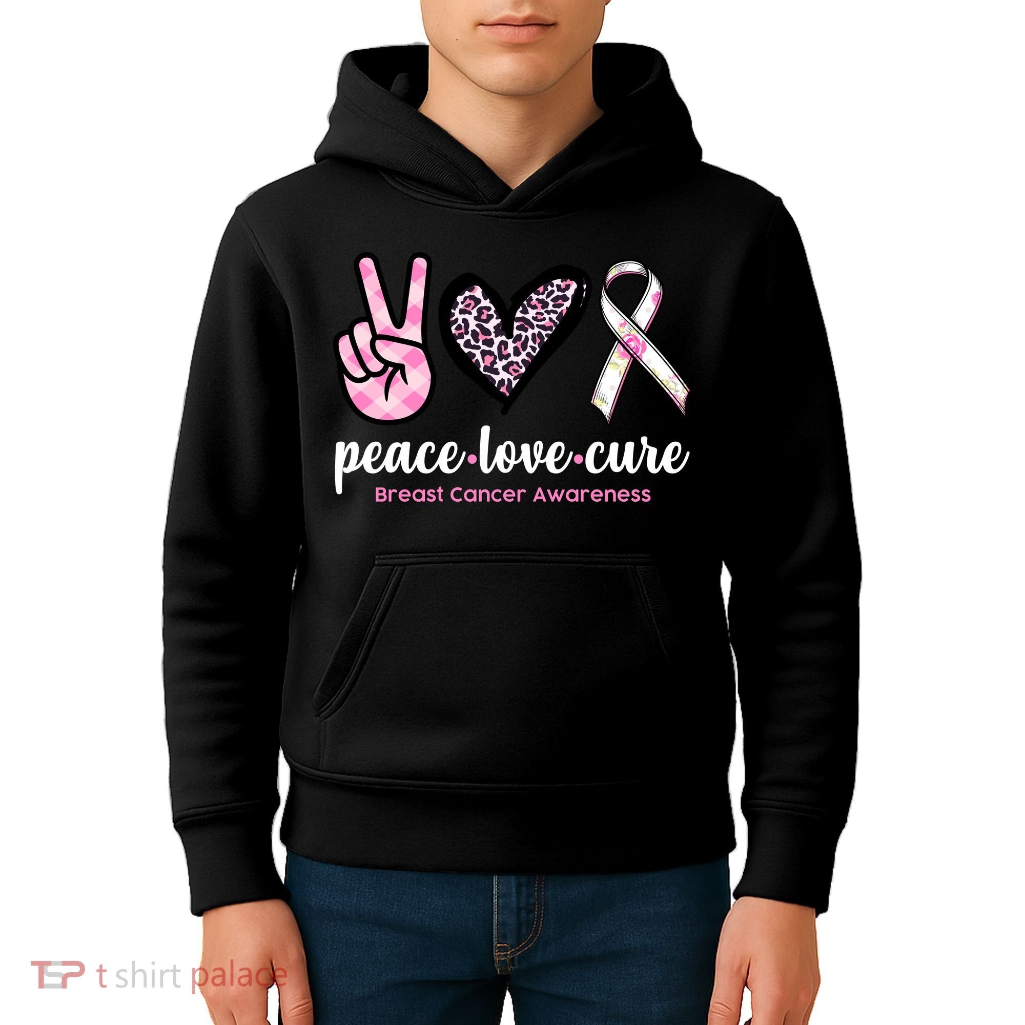 Peace Love Cure Breast Cancer Awareness Fashion Patterns Kids Hoodie