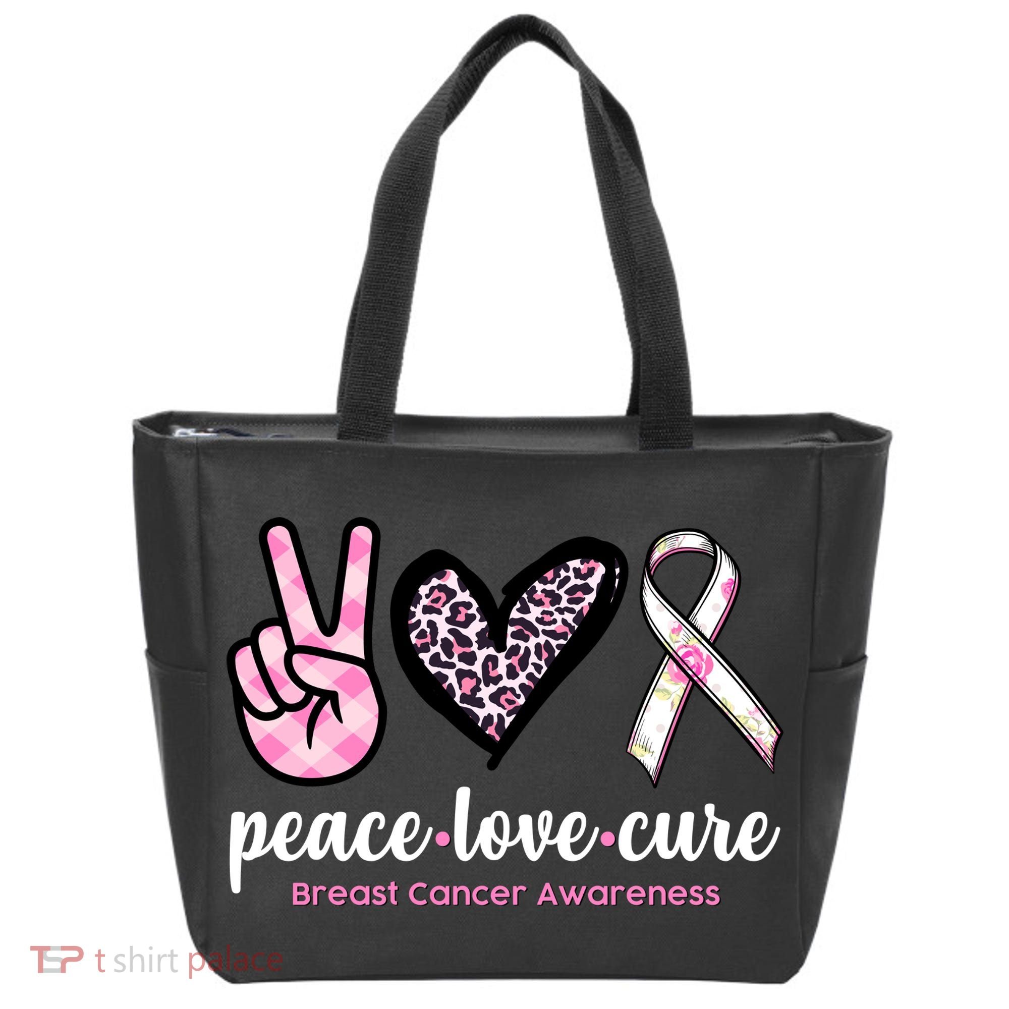 Peace Love Cure Breast Cancer Awareness Fashion Patterns Tote Bag